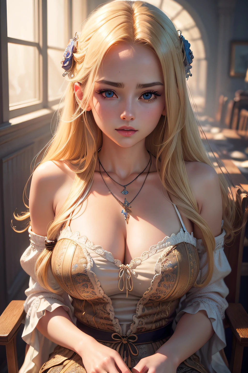 yper realism,hyper detailed,4k resolution,high resolution,high quality,girl,realistic,perfect composition,beautiful detailed intricate insanely detailed octane render trending,artistic photography,dressed with cleavage,long blond hair, necklace