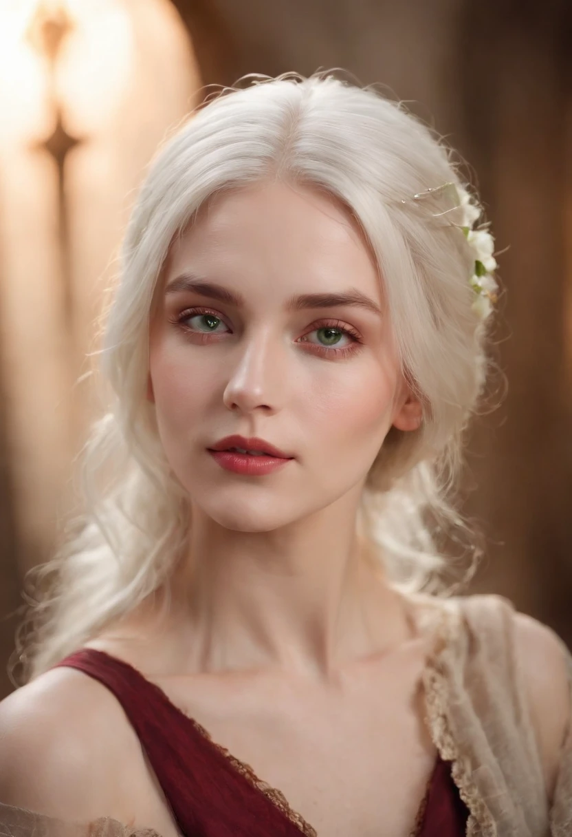 (((a deep reddish wound crosses her left cheek))) fair complexion, woman around 19 years old, natural white hair, distinctive green eyes, wearing kohl, slender and graceful, beautiful, candlelight in a medieval setting, ultra sharp focus, realistic shot, medieval female clothes, tetradic colors (scar:1.4), naked lady office