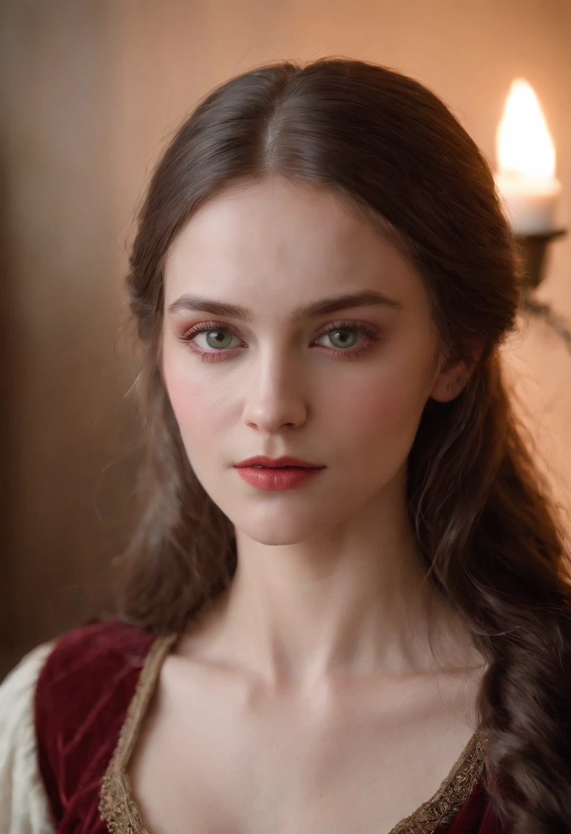 (((a deep reddish wound crosses her left cheek))) fair complexion, woman around 19 years old, natural white hair, distinctive green eyes, wearing kohl, slender and graceful, beautiful, candlelight in a medieval setting, ultra sharp focus, realistic shot, medieval female clothes, tetradic colors (scar:1.4), naked lady office