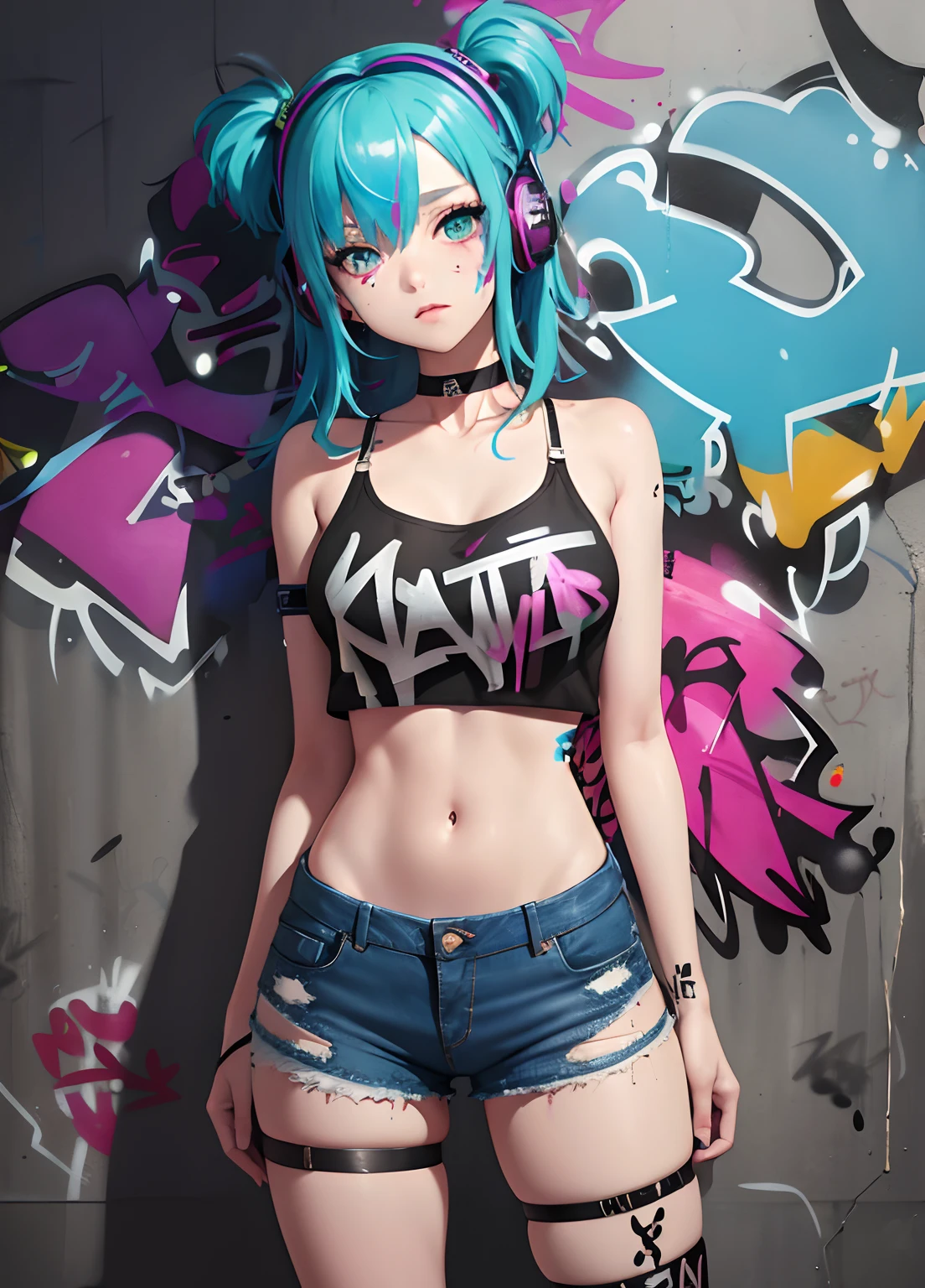 masterpiece, Highest quality, High resolution、Real Anime、3d、One Splatoon girl, alone, Golden Eyeulticolored tentacle hair、 Crop top, Denim shorts, choker, (graffiti:1.5), Paint splashes, Put your arms behind your back, Against the wall, View your viewers, Armband, Thigh straps, panties、Big Breasts、Cleavage、body paint, Tilt your head, boredom, Multicolored Hair, Aqua Eye, headset,