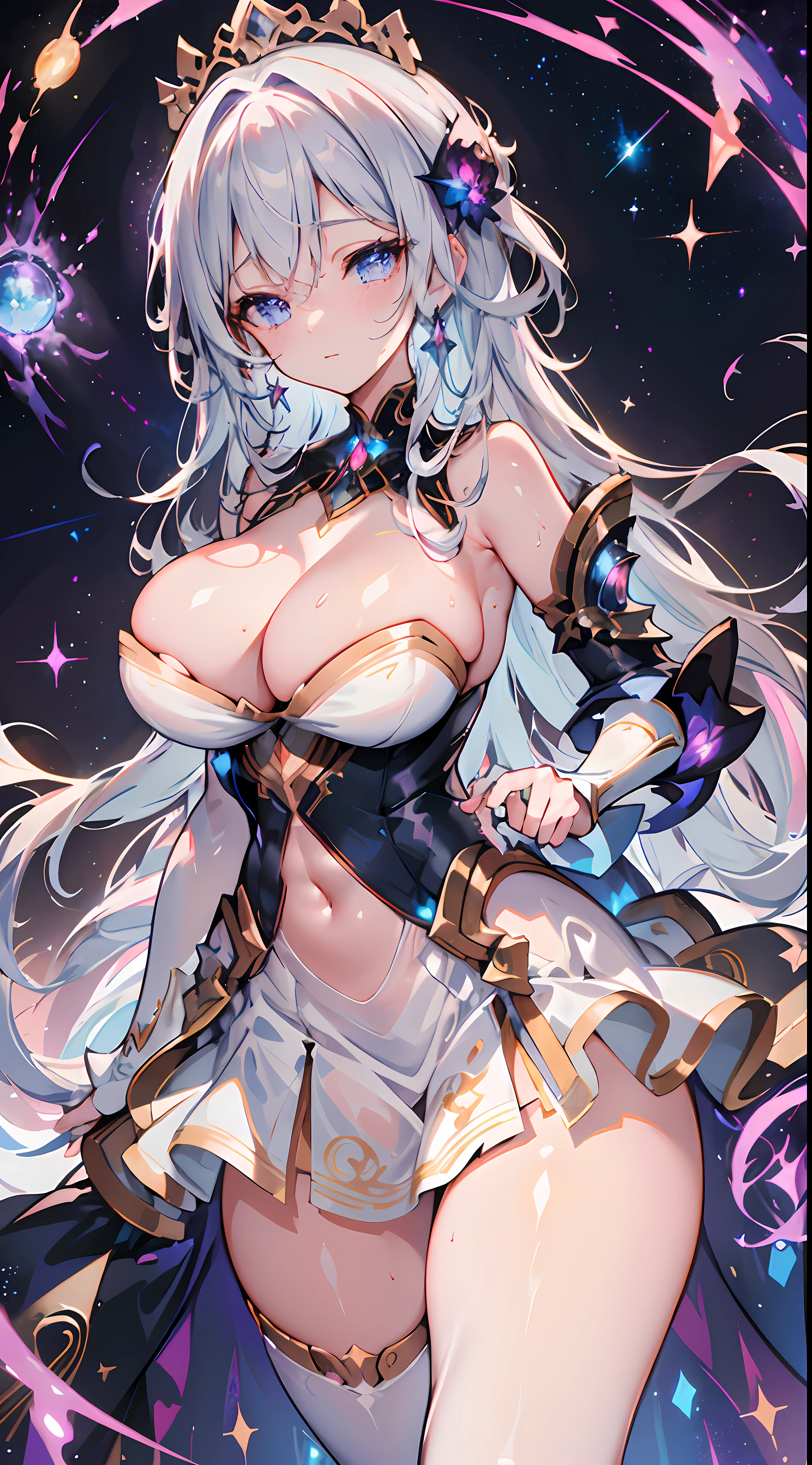 Extremely delicate and beautiful,(fantasy),Ultra detailed,(Extreme detailed illustration),(Extremely detailed Cg Unity 8K wallpaper),A high resolution,Perfectly illuminated Bright galaxies, Chiaroscuro nebulae, The ravaged Galactic War, Devouring star systems, There is a textured turmoil, Cosmic chaos, Structure of curved nebulae, Treacherous terrain, Technology and magic, Bright stardust tendrils, Dark Vortex Nebula, cosmic energy, The Radiant Nebula explodes, Dazzling light, luminous nebula, Mature woman, Ethereal beauty, Intricate details Ethereal silver hair, Intricate details with ethereal blue eyes, Happy expression, Sweaty face, (beautiful symmetrical eyes), (fine detailed beautiful eyes), (Big bright spot on beautiful vibrant eyes), (Bright pupils), (Intricate facial features), (Intricate facial expressions), (Ethereal beauty), (Flawless radiant skin), (Delicate embroidered garments), (Perfect hands), (Correct anatomy), ,starrystarscloudcolorful,with light glowing