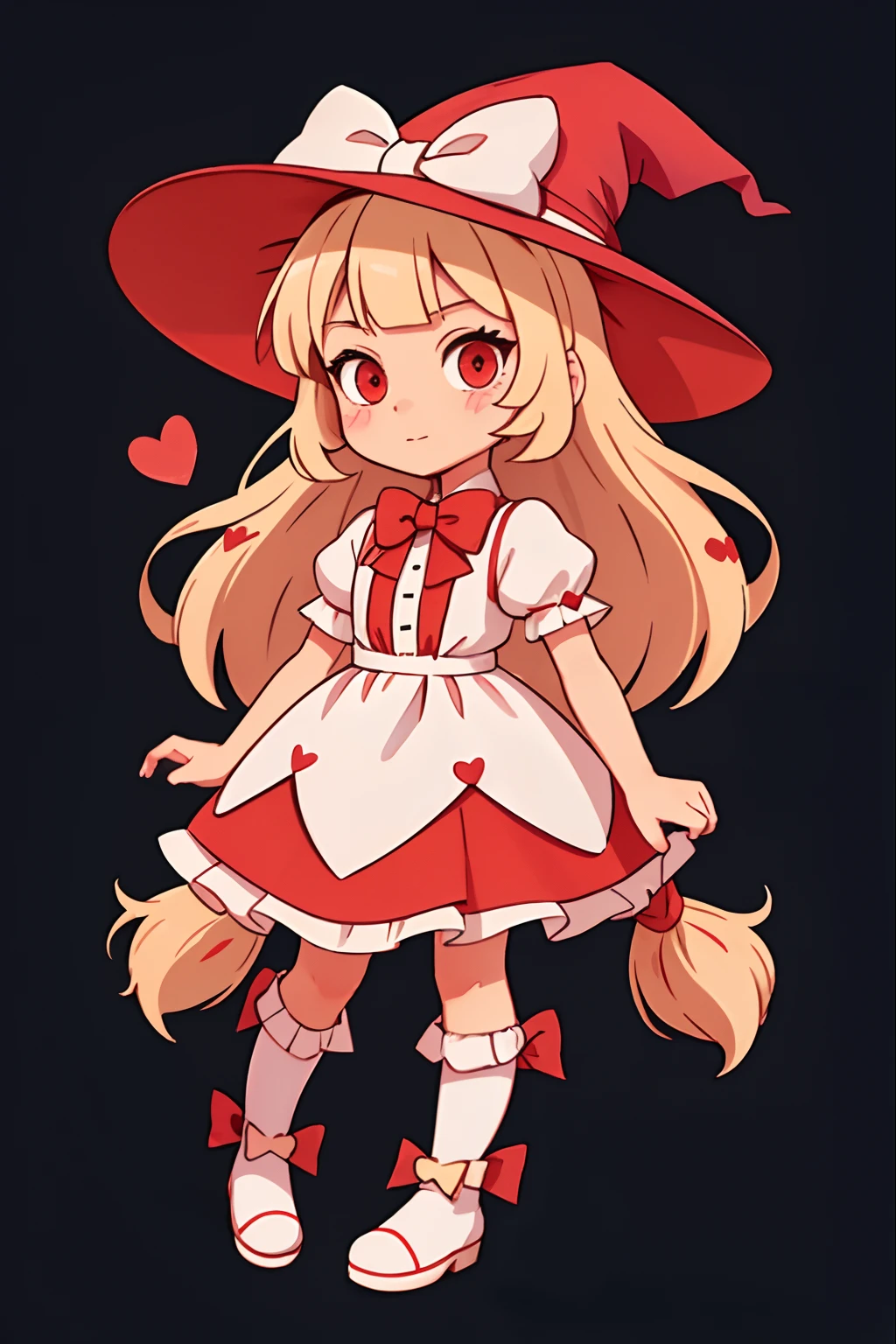 1girl in,Witch,Solo, Full body、Smile big,Long hair, Blonde hair, Witch Hat,Red Eyes,Puffy sleeves,white_Bow,Dress,Red_Footwear,Bow, Short sleeves,long boots,Make a heart mark with both hands、The background is the moon and the lake