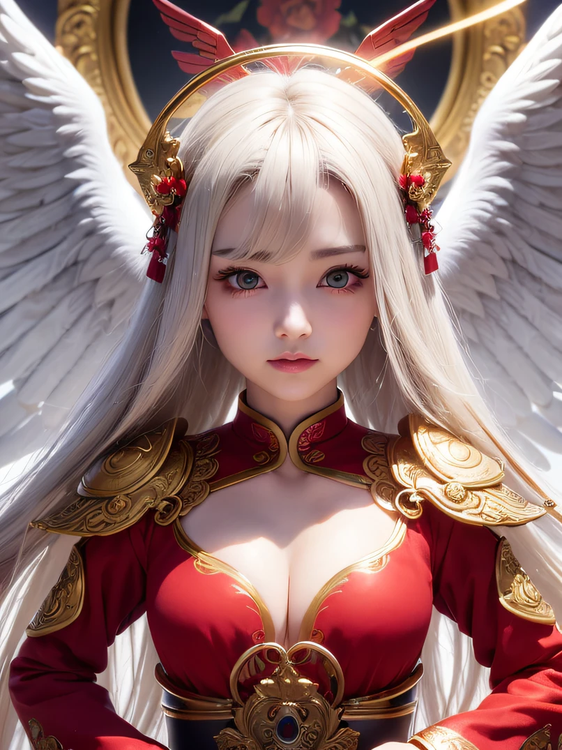 top-quality、hight resolution、ighly detailed、 masterpiece、face lights、1 adult female、独奏、bustshot、focus at face、 detailed face depiction、Detailed hand depiction、Spread your arms、Depiction of fine breasts、((long white hair))、wind blown hair、radiant eyes、Delicately carved Chinese-style golden armor、Complex pattern、Elegant costumes、ssmile、heavy make-up、Red and black uniform、Spread wings、Headgear with small wings、glint、rays of sunshine、Bright light illuminates、dynamicposes、Maiden's Dance、energy line、cleavage、(Magic Circle:1.1)、xiuxian