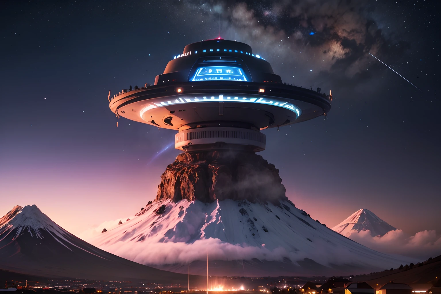 A UFO over Cotopaxi with a glowing tractor beam, Kotopaxi is in the distance, Bottom view in a nearby town, night time, Starry Moon, Illuminated at night, Full Body Shot - AR 9:16 —Верхний фонарь —C 750 —V 5.2