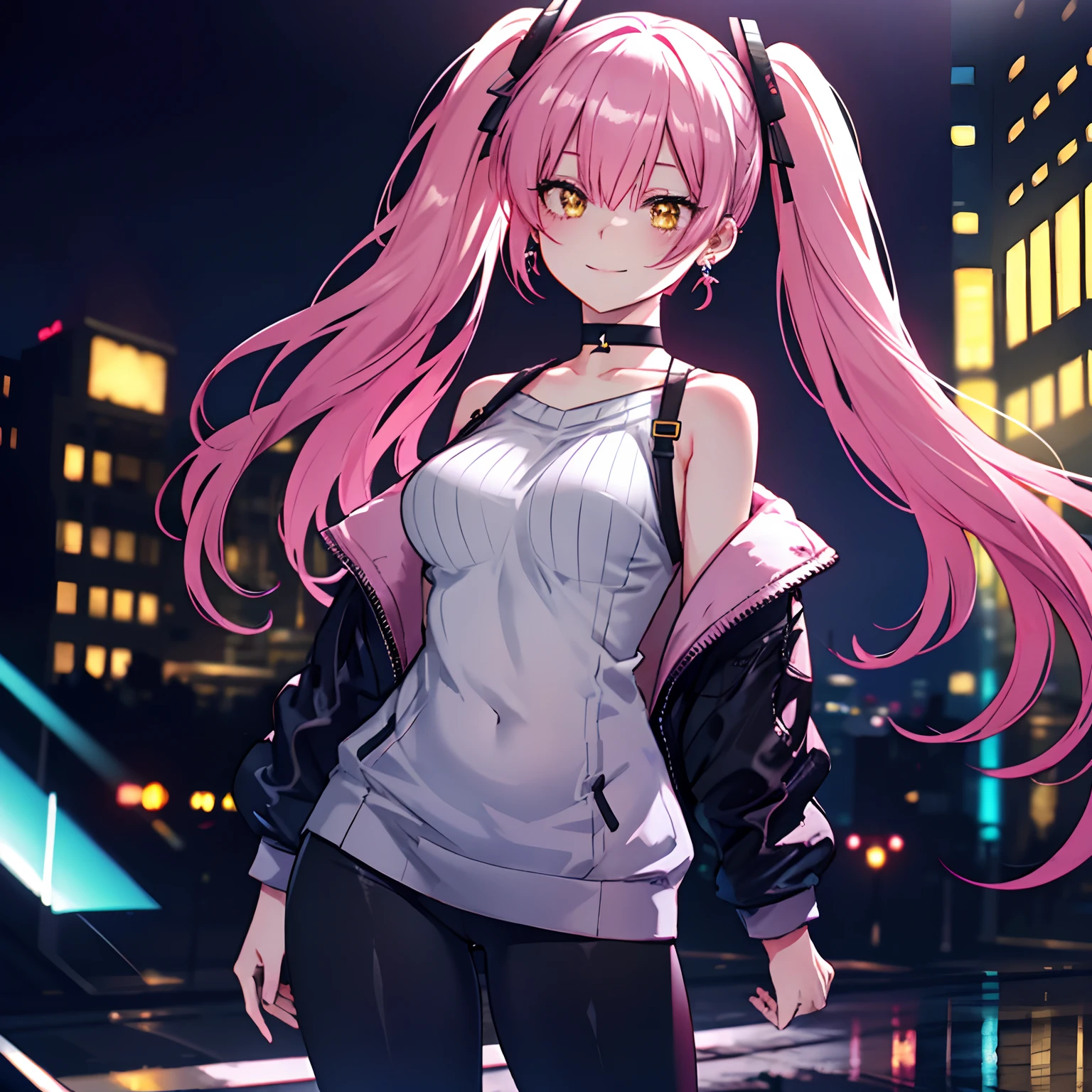 1 girl, yellow eyes, Twintails hair, long hair, pinkish hair, medium breast, medium ass, smile, Happy, Bobby pins, Choker, smile, happy facial, city, Night, Earrings, Black Leggings, light gray drop shoulder sweater top, on a stage, show lights on the character, Blurred background, posing, ultra detailed, 8K wallpaper, reflection light, Ray tracing, realistic