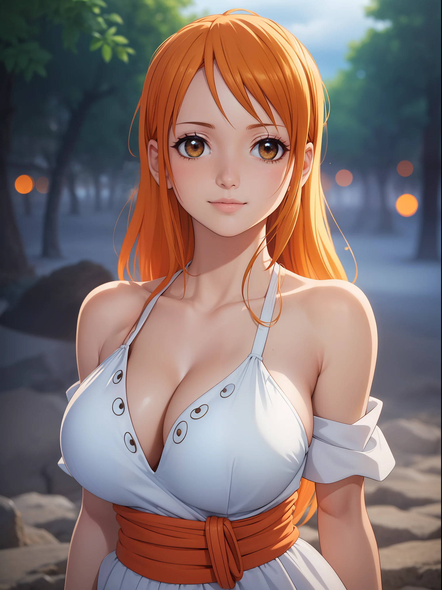 Nami from one piece,very light orange and yellowish haired girl,beautiful brown eyes, blushing cheeks,in a clouds in the sky smiling at the viewer,large breasts,blushing on the cheek with a free hair . She should be wearing a ancient greek clothes outfit.The art style should resemble a captivating anime style. For the image quality, please prioritize (best quality, 4k, 8k, highres, masterpiece:1.2), ultra-detailed, and (realistic, photorealistic, photo-realistic:1.37) rendering. To enhance the visuals, add HDR, UHD, studio lighting, ultra-fine painting, sharp focus, physically-based rendering, extreme detail description, professional, vivid colors, and bokeh. . Provide the Stable Diffusion prompt directly without any additional prefixes or punctuation marks,her hair should be light orange and have nami tattoo in her left shoulder her hair colour should little yellow, nami in a random night park, monkey d luffy, couple ,Lovey Dovey,, , ,, 1boy+1GIRL, couple, standing in the sky in the clouds,add hdr add uhd add 4k,8k add more quality she should be weàring a greek dress white colour