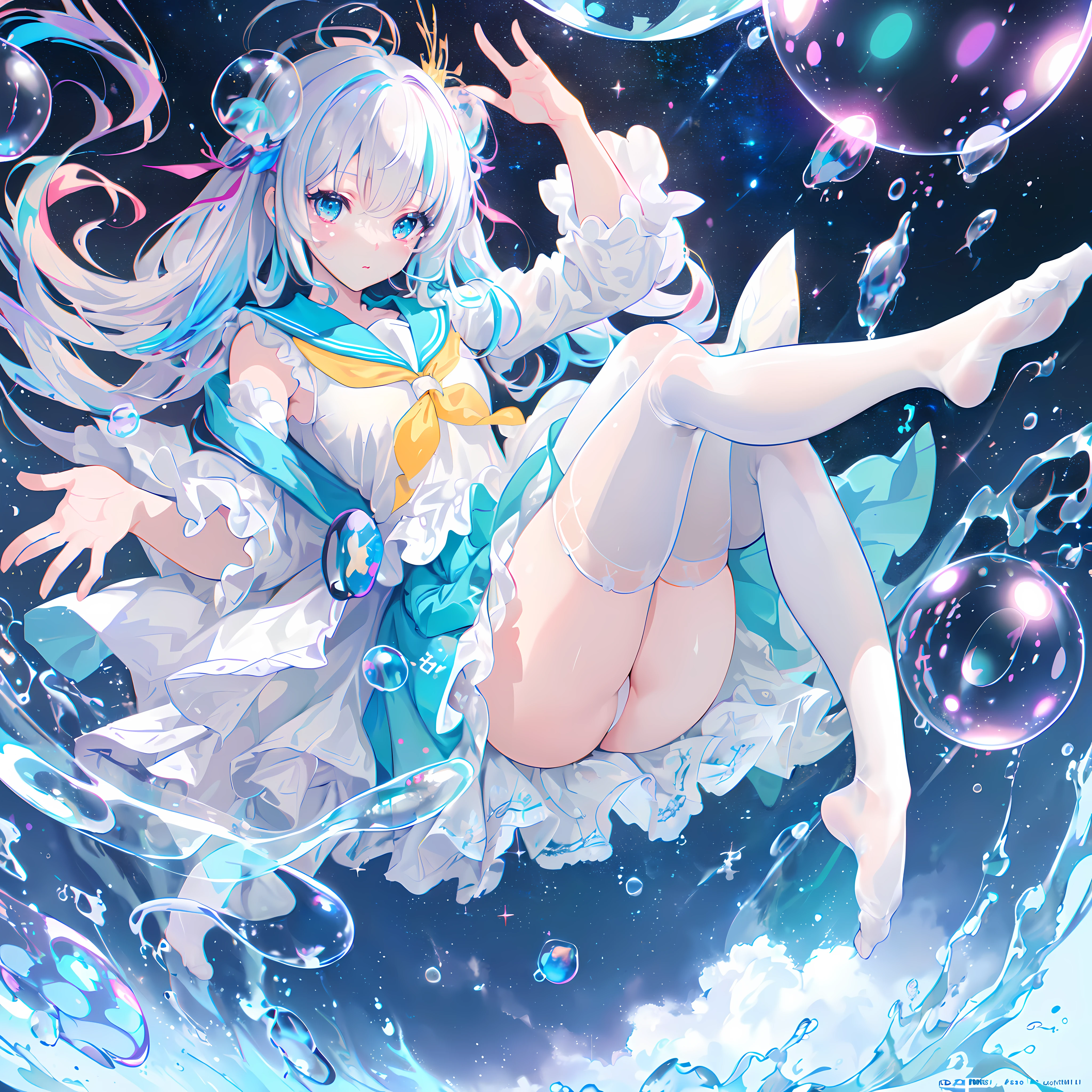 (masterpiece), (best quality), (official art, extremely detailed CG unity 8k wallpaper), (highly detailed), ((absurdres)), 1girl, mid shot, (exquisite facial features),(serafuku:1.3) ((sfw)),((clear hands)), ((white thighhighs without shoes)),aqua eyes, color contact lenses, stars in the eyes, (((colorful bubble))), colourful glass, (album cover)