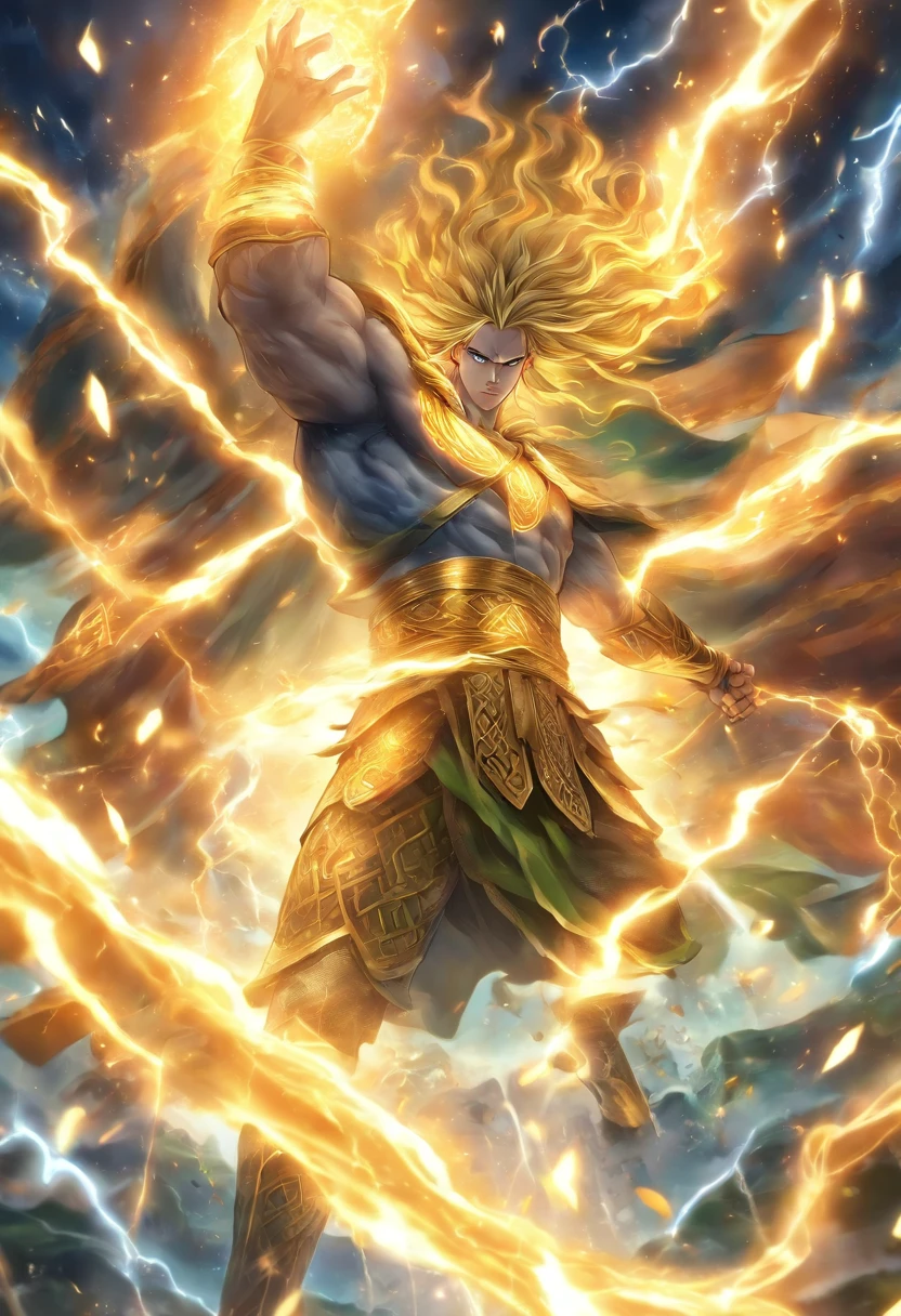 (((Cian))) best quality, ultra-high resolution, 4K detailed CG, masterpiece,Celtic God,thunders, ,Celtic clothing,Celtic mythology, ((Celtic God of Thunder)) ,Celtic image,aesthetics, centered on the screen