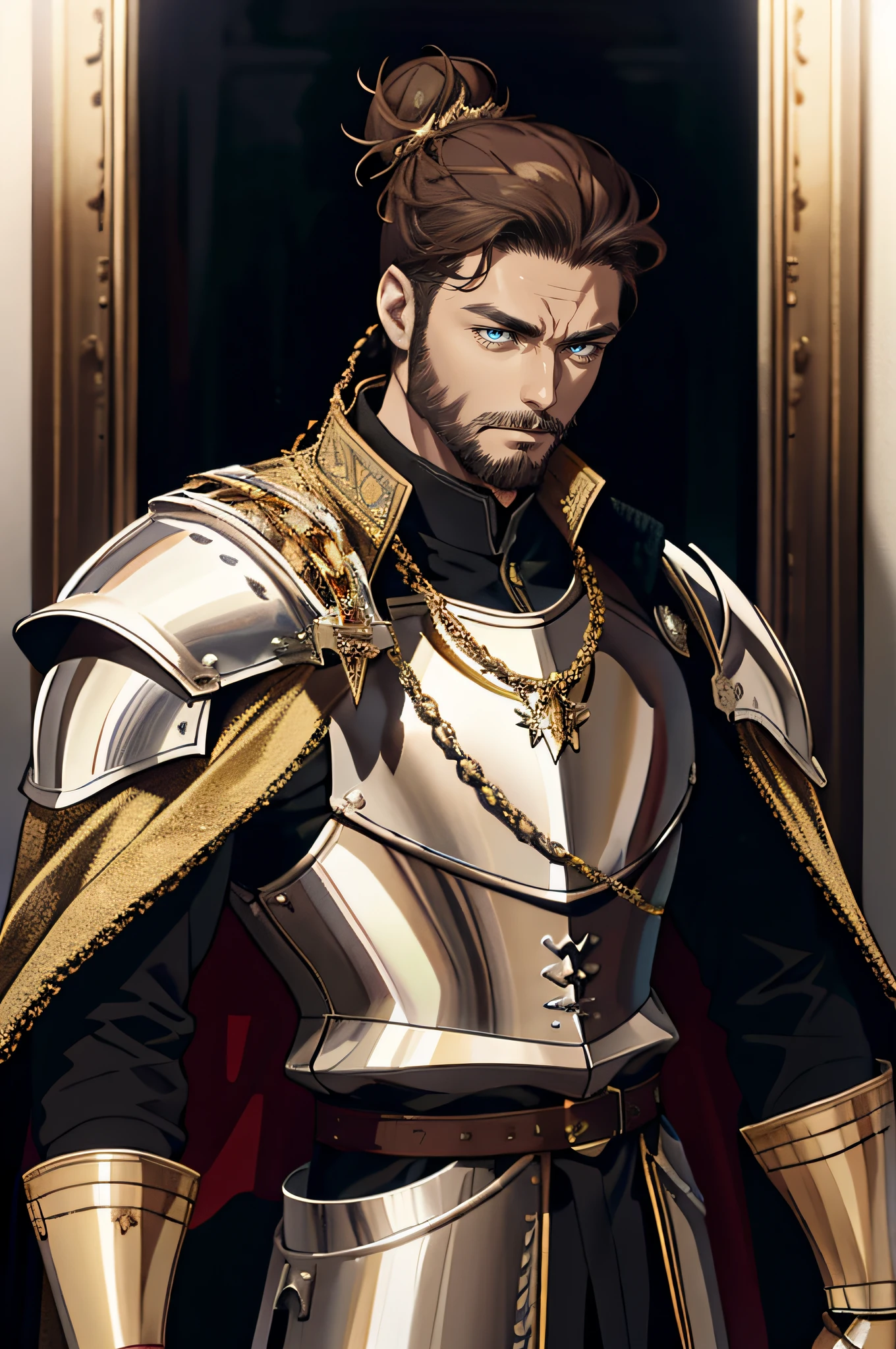 detailed 40-year-old man face, full beard, realistic anime eyes, no emotions, strong, powerful