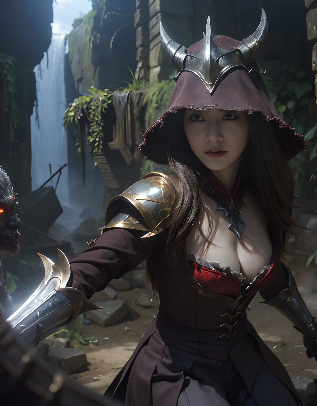 (One Knight Girl)、top-quality、masterpiece、超A high resolution、(Photorealsitic:1.4)、Raw photo、女の子1人、(Wear the Dark Knight's Armor)、glowy skin、(((Dark Fantasy)))、Fight with beautiful swords and shields、(((Mystical expression))),(Gorgeous gold metal body)、(Fight goblins、ogre、Fierce battle with orcs),(Fighting strong enemies)、Fight fiercely、(Background of decaying dungeon ruins)、(Ultimate Beauty)、(Detailed knight's helmet)、(Fighting Demonic Beasts)、(Pointed Hat Wizard Hat)、((super realistic details))、portlate、(Strong giant demon beast background),globalillumination、Shadow、octan render、8K、ultrasharp、Colossal tits、Raw skin is exposed in cleavage、metals、Details of complex ornaments、Japan details、highly intricate detail、Realistic light、(Mystical expression),CGSoation Trends、Red Eyes、radiant eyes、Facing the camera)、Gundam、Small LED、Toostock、(Background of the mutation)、(Attack of the Monster Beasts)、Ultimate Beauty、beautiful female knight、Wear colorful armor、Detailed sword、(Wearing legendary armor)、