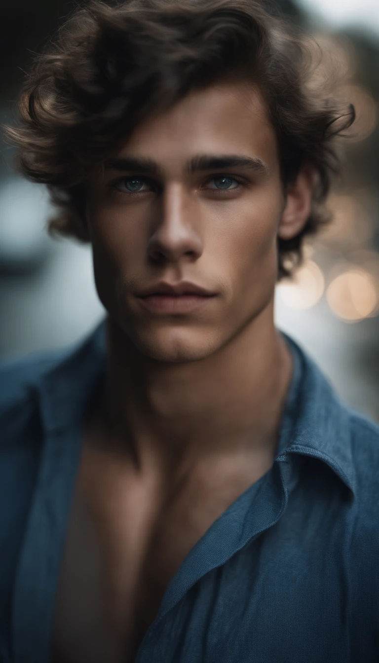 Portrait of a handsome male model, 16 ans, Barechest, sans barbe, avec sombre, messy wavy hair, Yeux bleu clair super clair, thick lips, defined muscles, accepter, ripped body, Prise de vue du corps entier, ultra highest detailed face, Darmatic Lighting, Dim Light, jambes ouvertes