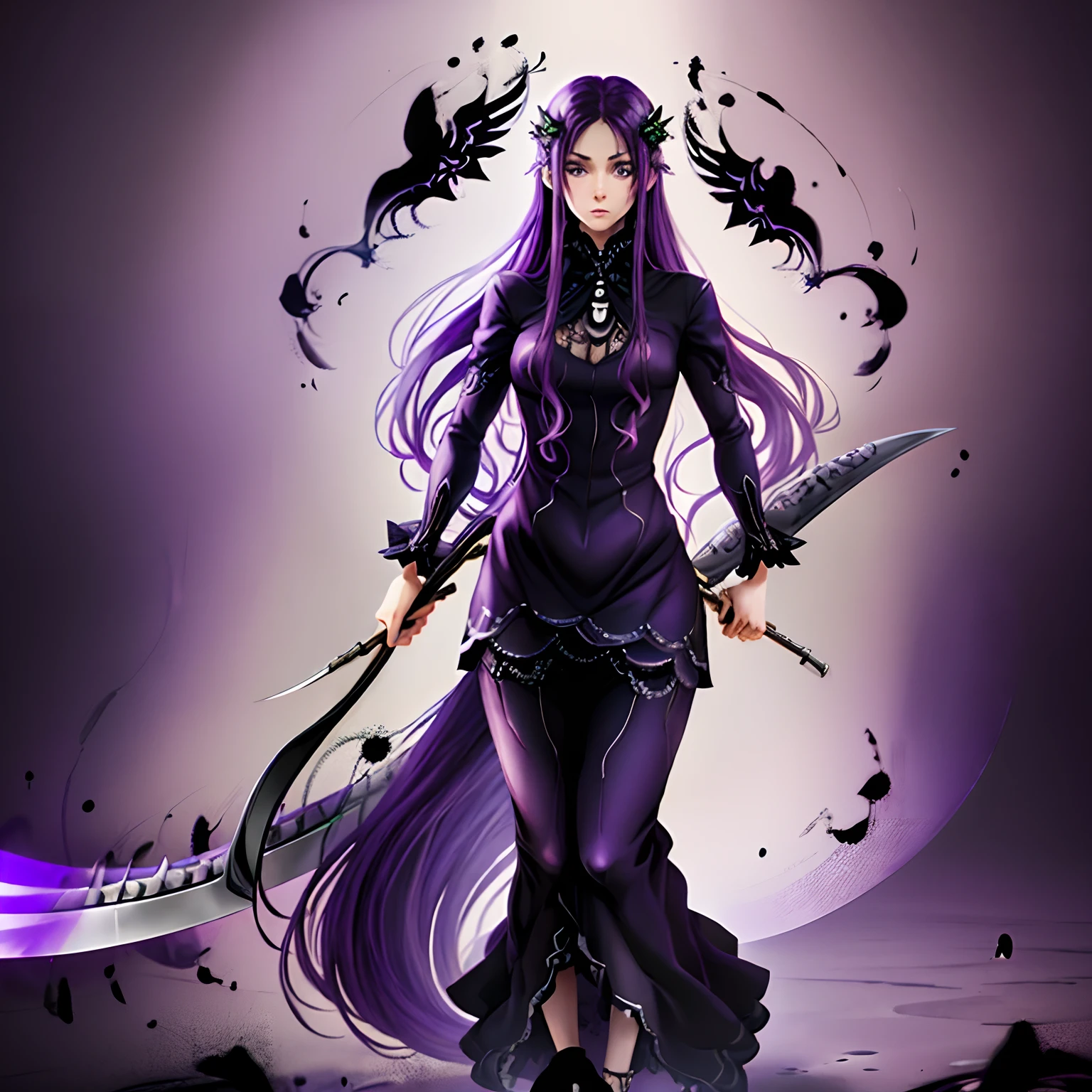 (Purple long hair), (purple clothing) , ( purple eyes), ( surrounded by flies), (holding a scythe), (purple aura)