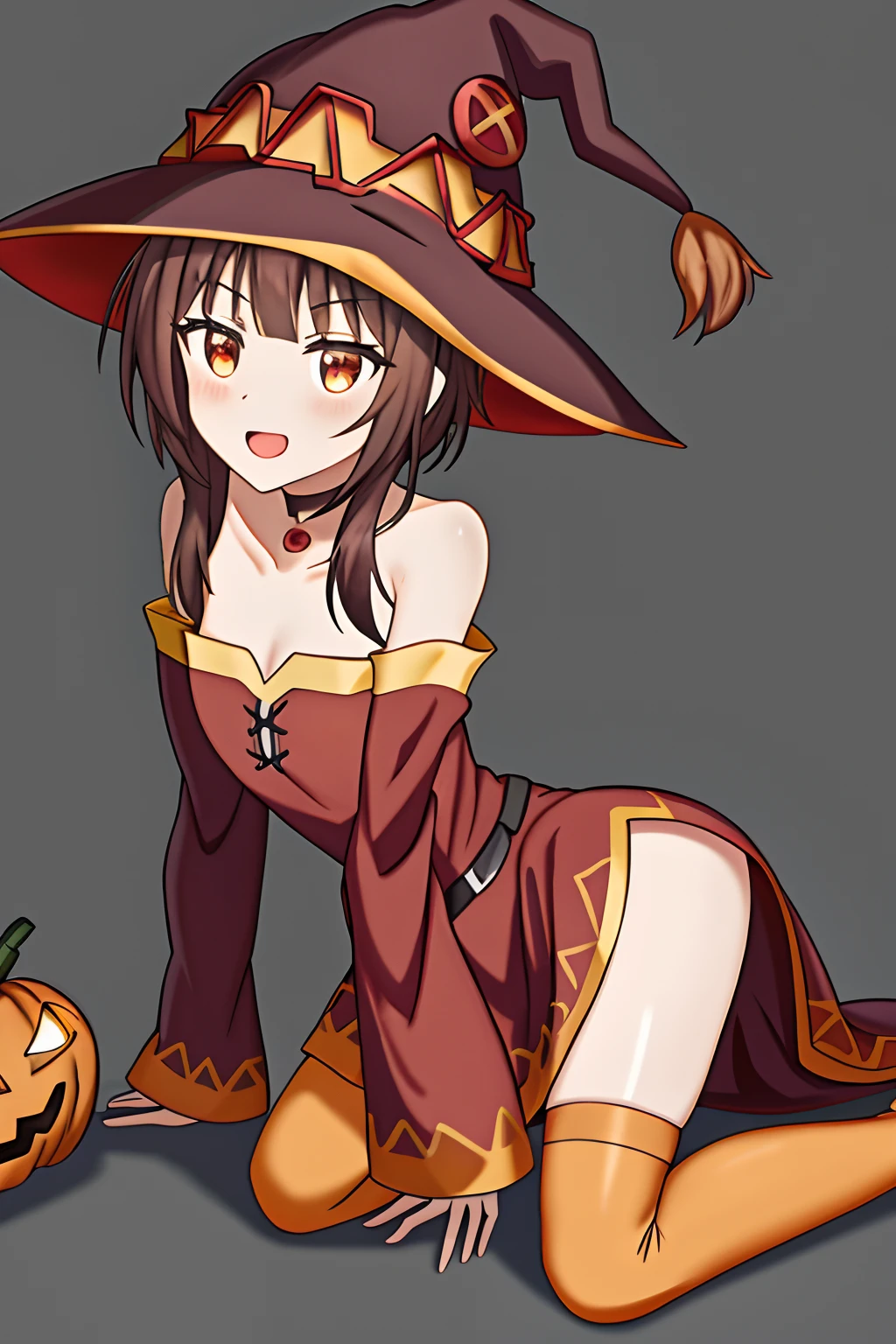 Megumin disfrazada, parada,de pie,momia cosplay,vestido de calabaza, halloween