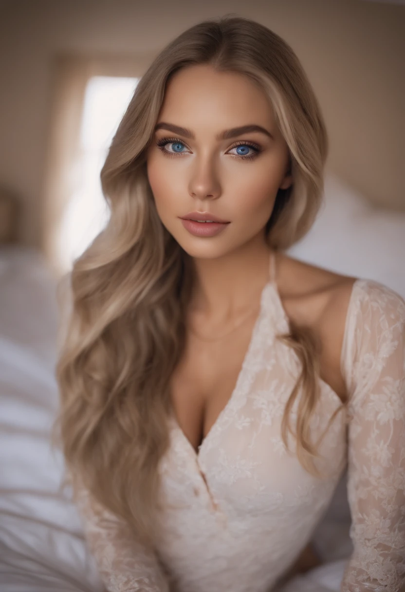 arafed woman fully , sexy girl with blue eyes, ultra realistic, meticulously detailed, portrait sophie mudd, blonde hair and large eyes, selfie of a young woman, bedroom eyes, violet myers, without makeup, natural makeup, looking directly at the camera, face with artgram, subtle makeup, stunning full body shot kneeling on bed, in bedroom, medium to large size bust