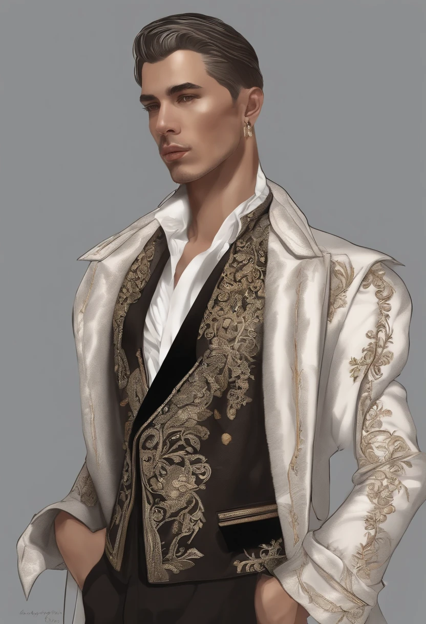 se visualiza a un hombre donde se ve un dibujo que muestran tres tipos diferentes de ropa de estilo urbano, olgado, puffer, Intricate costume design, inspired by Dionisio Baixeras Verdaguer, Detailed fashion illustration, inspirado por Sadao Watanabe, outfit design, Fashion design, inspirado en Mirabello Cavalori, inspirado en Bourgeois, clothing design, Ilustraciones de Rei Kawakubo, outfit design, fondo minimalista