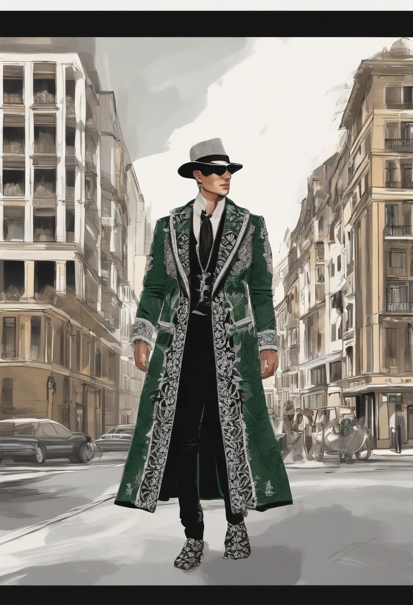 se visualiza a un hombre donde se ve un dibujo que muestran tres tipos diferentes de ropa de estilo urbano, olgado, puffer, Intricate costume design, inspired by Dionisio Baixeras Verdaguer, Detailed fashion illustration, inspirado por Sadao Watanabe, outfit design, Fashion design, inspirado en Mirabello Cavalori, inspirado en Bourgeois, clothing design, Ilustraciones de Rei Kawakubo, outfit design, fondo minimalista