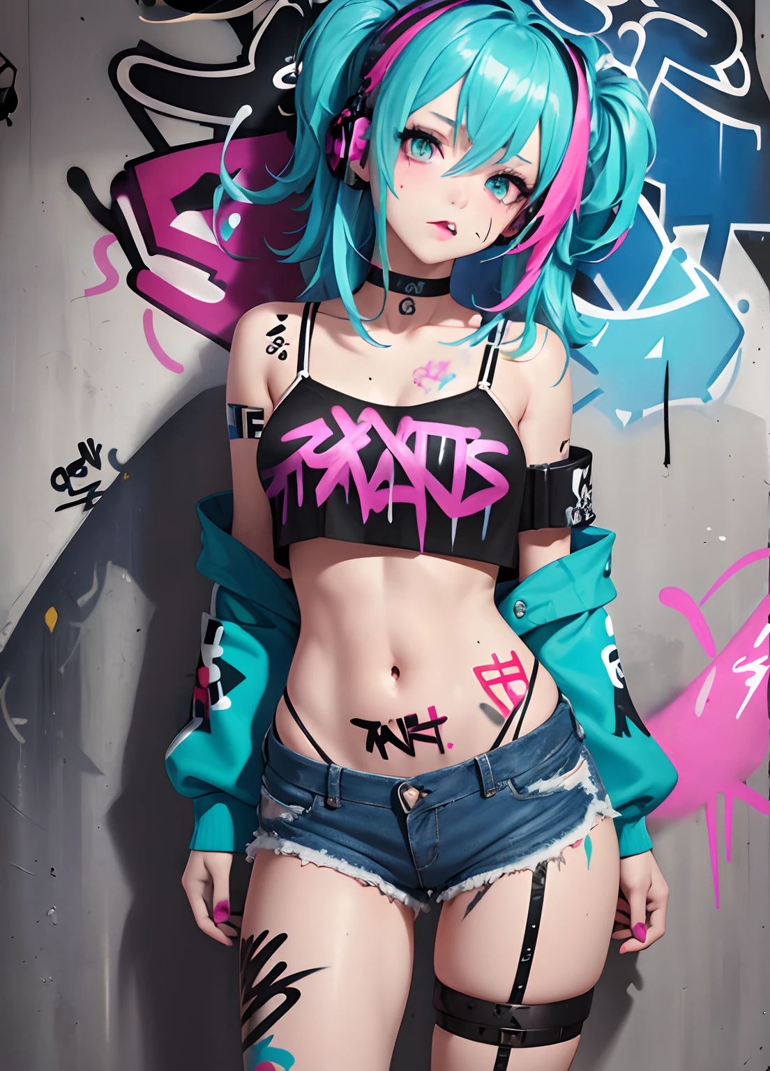 masterpiece, best quality, 1girl, solo, (((naked)), choker, (graffiti:1.5), paint splatter, ((hand behind head)), against wall, looking at viewer, armband, thigh strap, paint on body, head tilt, bored, multicolored hair, aqua eyes, headset,