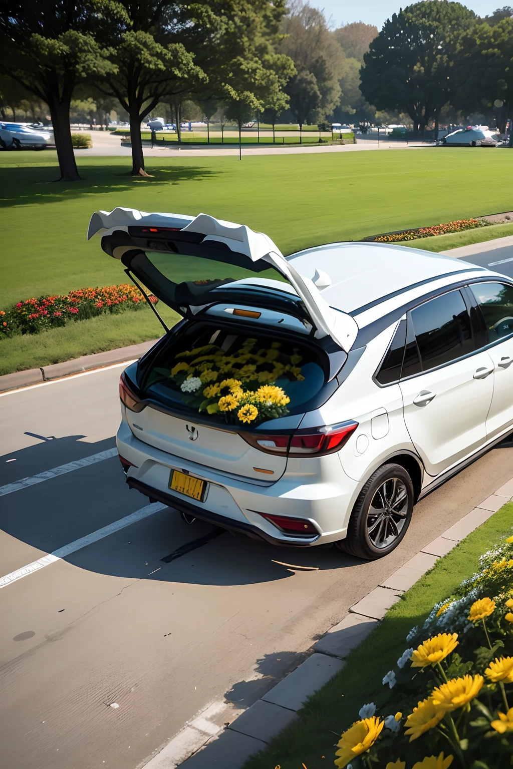 MPV car trunk,florals,Exhibited,A lot of tourists,In the park,Chrysanthemum science popularization content