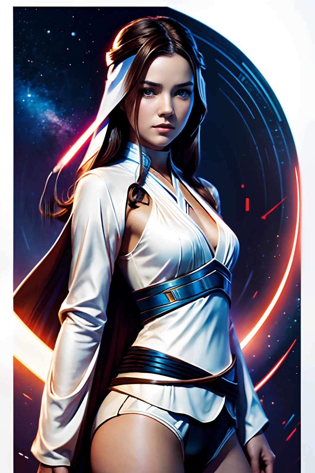 Young Woman Obi-Wan Kenobi, dynamicpose, Star Wars-style, by Yanjun Cheng, by krenz cushart, by Frank Frazetta, ultra detailed illustration, Tristan Eaton, Becky Clunan, Serge Marshennikov, Clean and elegant brush strokes, Привлекательность —V 5.2 —Ar 1:2