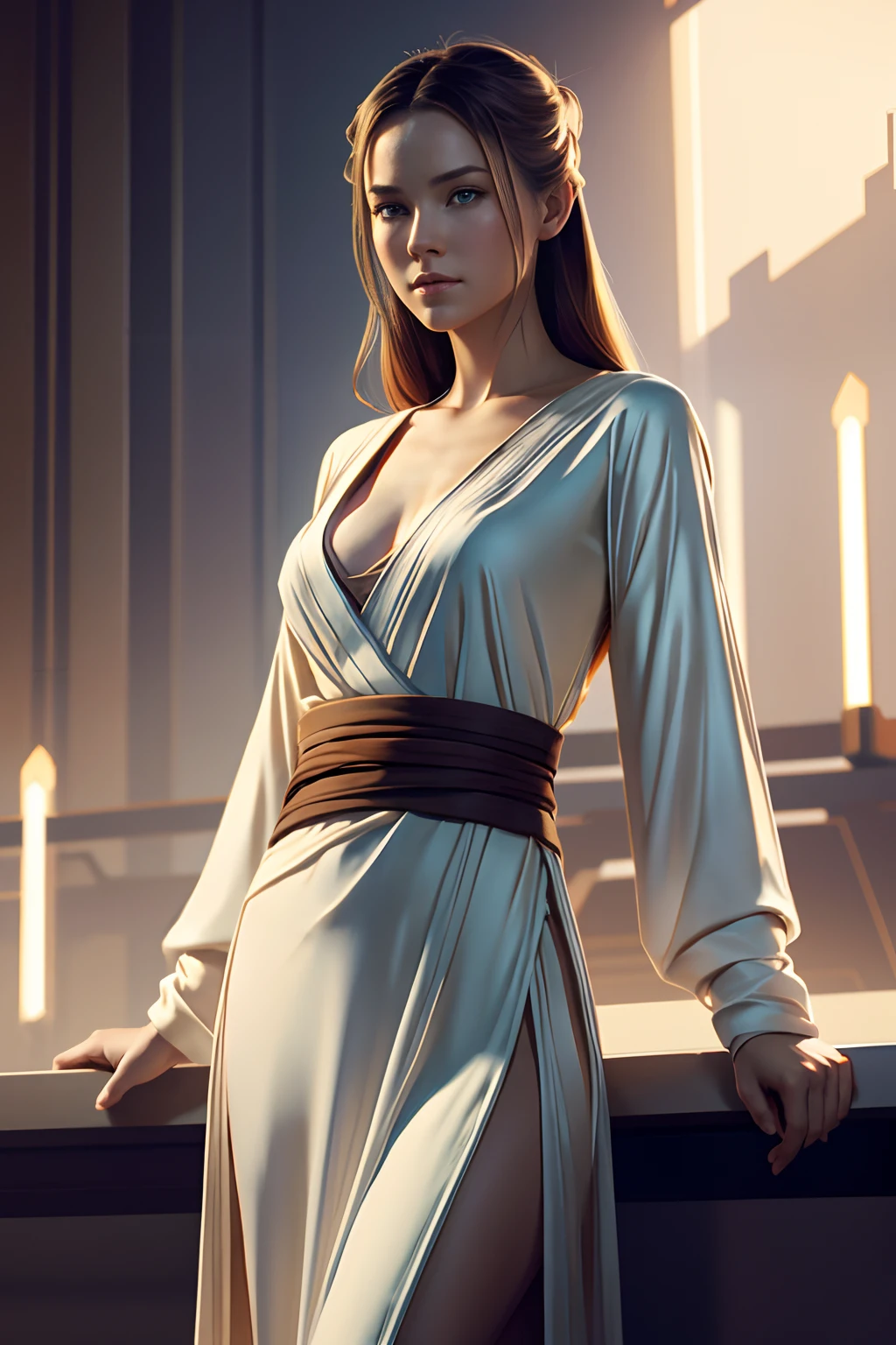 Young Woman Obi-Wan Kenobi, dynamicpose, Star Wars-style, by Yanjun Cheng, by krenz cushart, by Frank Frazetta, ultra detailed illustration, Tristan Eaton, Becky Clunan, Serge Marshennikov, Clean and elegant brush strokes, Привлекательность —V 5.2 —Ar 1:2