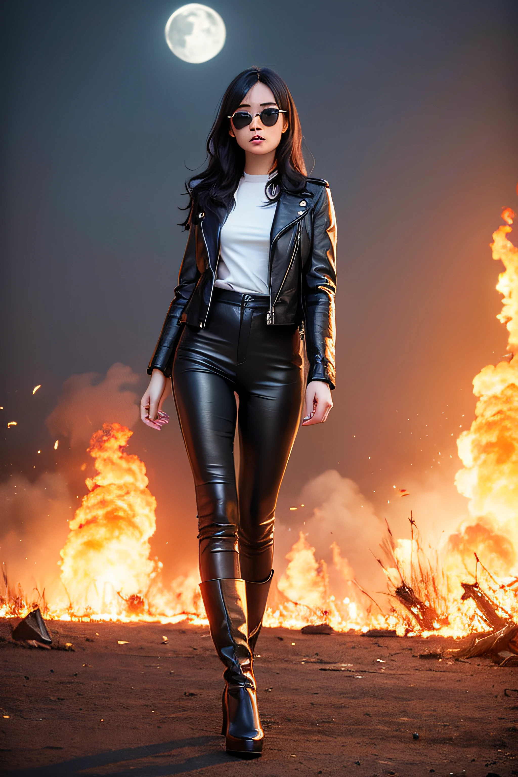 1girl, long curly black hair, brown eyes, wearing black leather jacket, black leather long pants, black boots, city, high res, ultrasharp, 8K, masterpiece, looking at viewer, full body photo, magnificent scene, epic scenes, moon, fire, warrior, battle field, black sunglasses