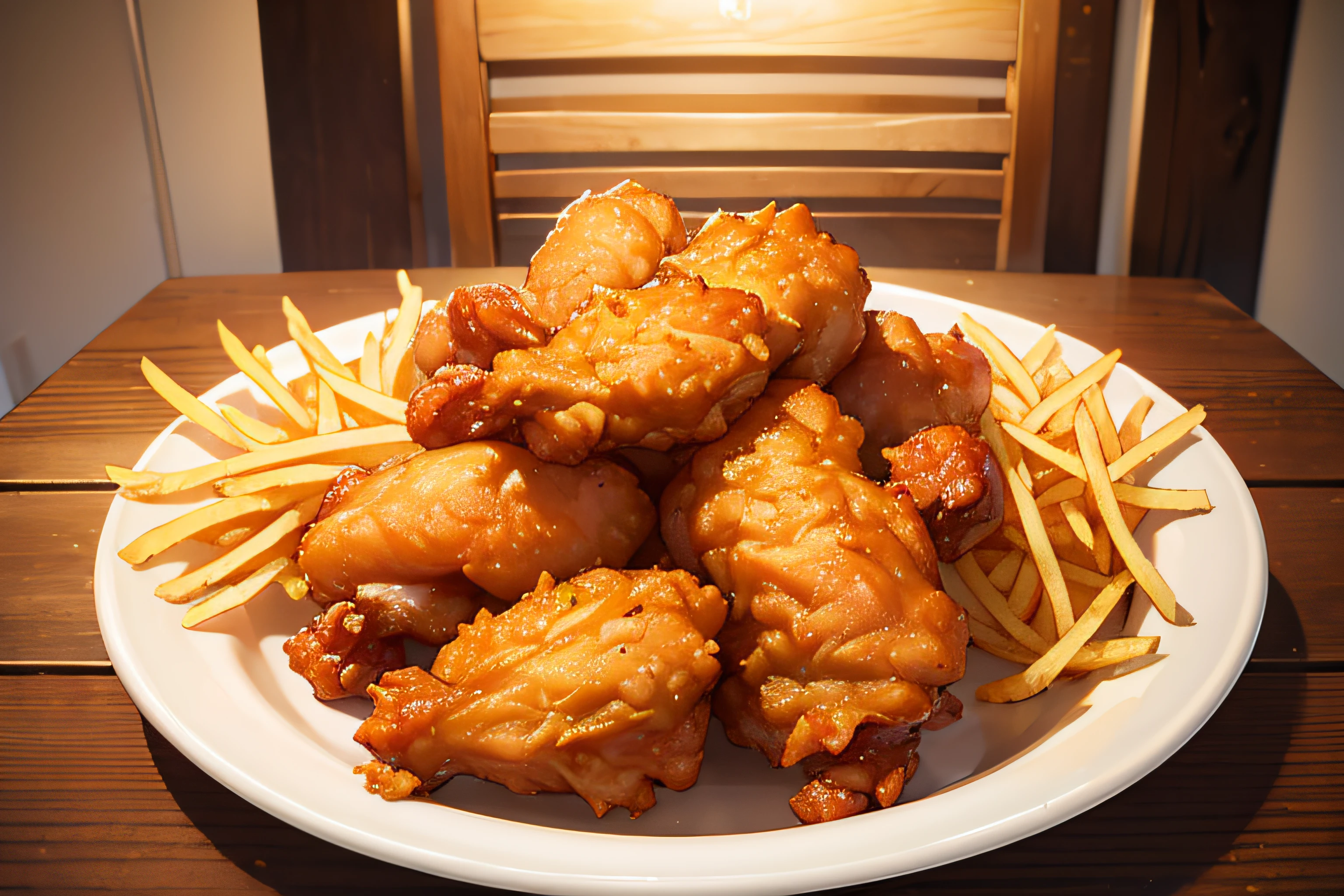 ((Masterpiece)), ((Best quality)), A sumptuous gourmet fried chicken and fries, served on a rustic wooden table.