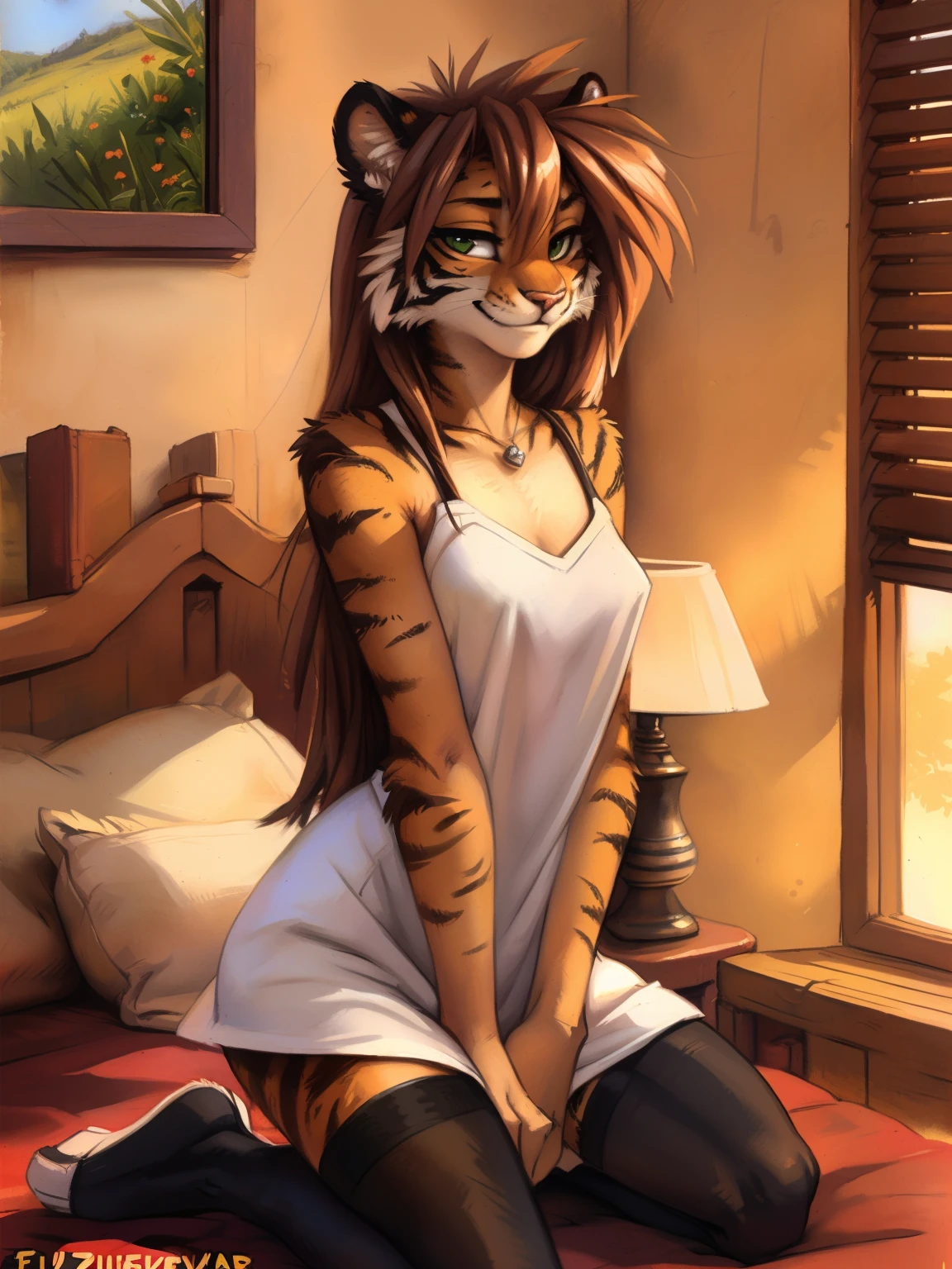 Tiger girl, sexy, sensual, uploaded to E621, beautiful and detailed portrait of an anthropomorphic tiger ((female))) uploaded to E621, ((by fluff-kevlar, by Zackary911, by Kenket, by Kilinah, by fluff-kevlar)), Brown hair, green eyes, black high stockings, slim body, medium breasts, ager ((18years)), solo, skinny body, bedroom, lying on bed, blush, embarrassed smile, long hair, nude, pussy, nipples