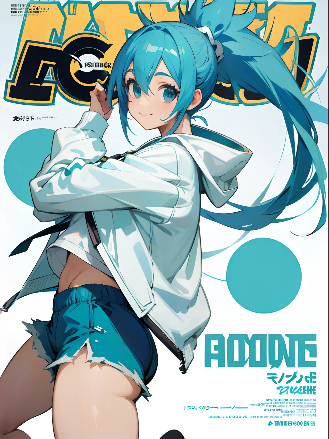 Anime magazine Cover, Woman with Aqua Blue hair, Long hair, Ponytail, wearing a white hoodie and Shorts, Smiling, Posing for Camera
