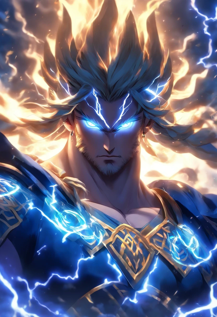 (((Cian))) best quality, ultra-high resolution, 4K detailed CG, masterpiece,Celtic God,thunders, ,Celtic clothes,blue clothes, Celtic mythology, ((God of Thunder)) , Celtic image, aesthetic, screen-centric