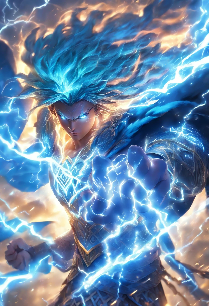 (((Cian))) best quality, ultra-high resolution, 4K detailed CG, masterpiece,Celtic God,thunders, ,Celtic clothes,blue clothes, Celtic mythology, ((God of Thunder)) , Celtic image, aesthetic, screen-centric
