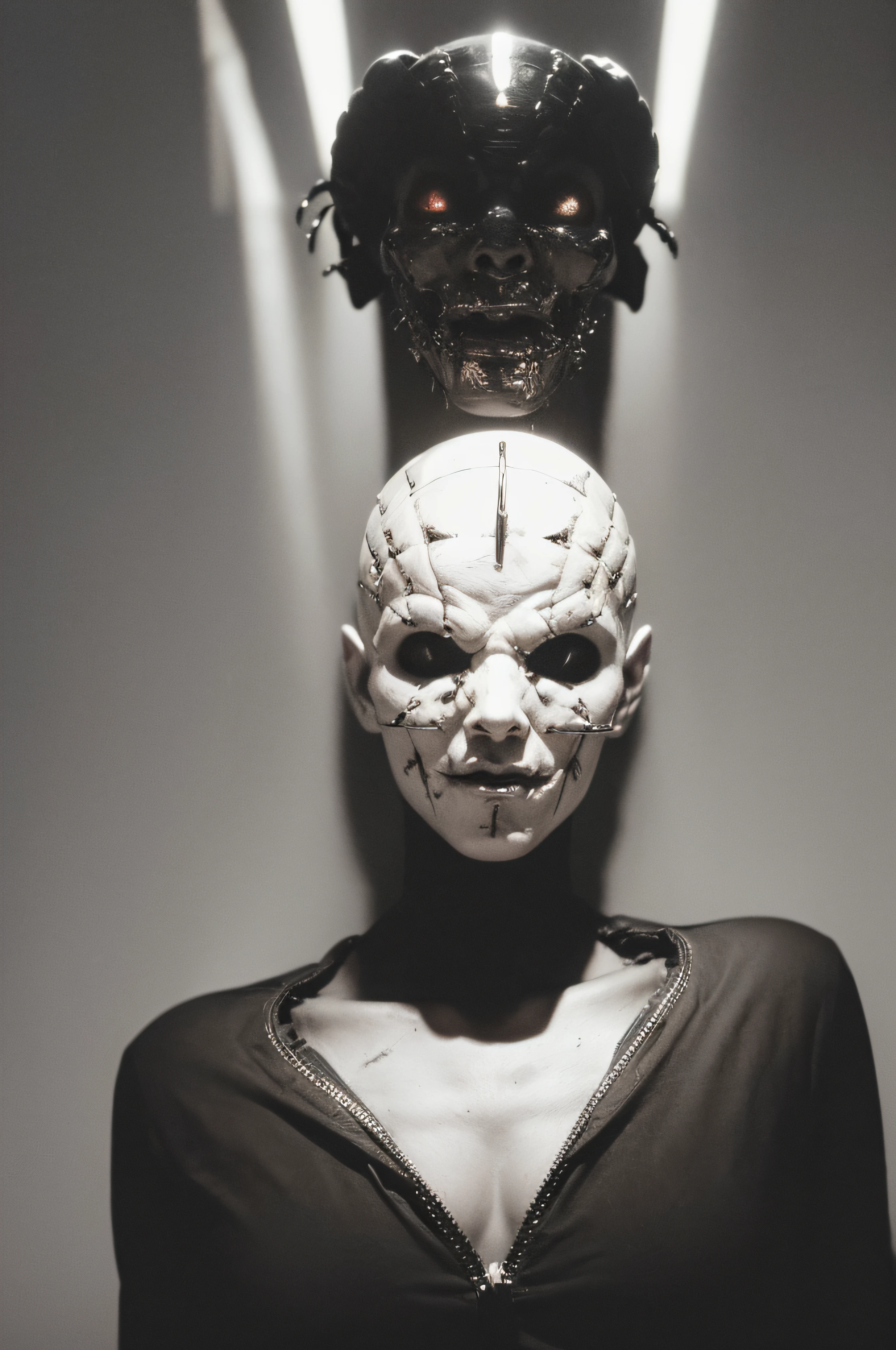 cenobyte, female, exposed brain, hooks in flesh, wounds, gory, bones, close-up,(stretched skin:1.2), <lora:Cenobytes-000013:1>, fog, silhouette, side lit, horror, metal bits, complicated, bald, scream, mask, skin indentations, glowing windowblinds