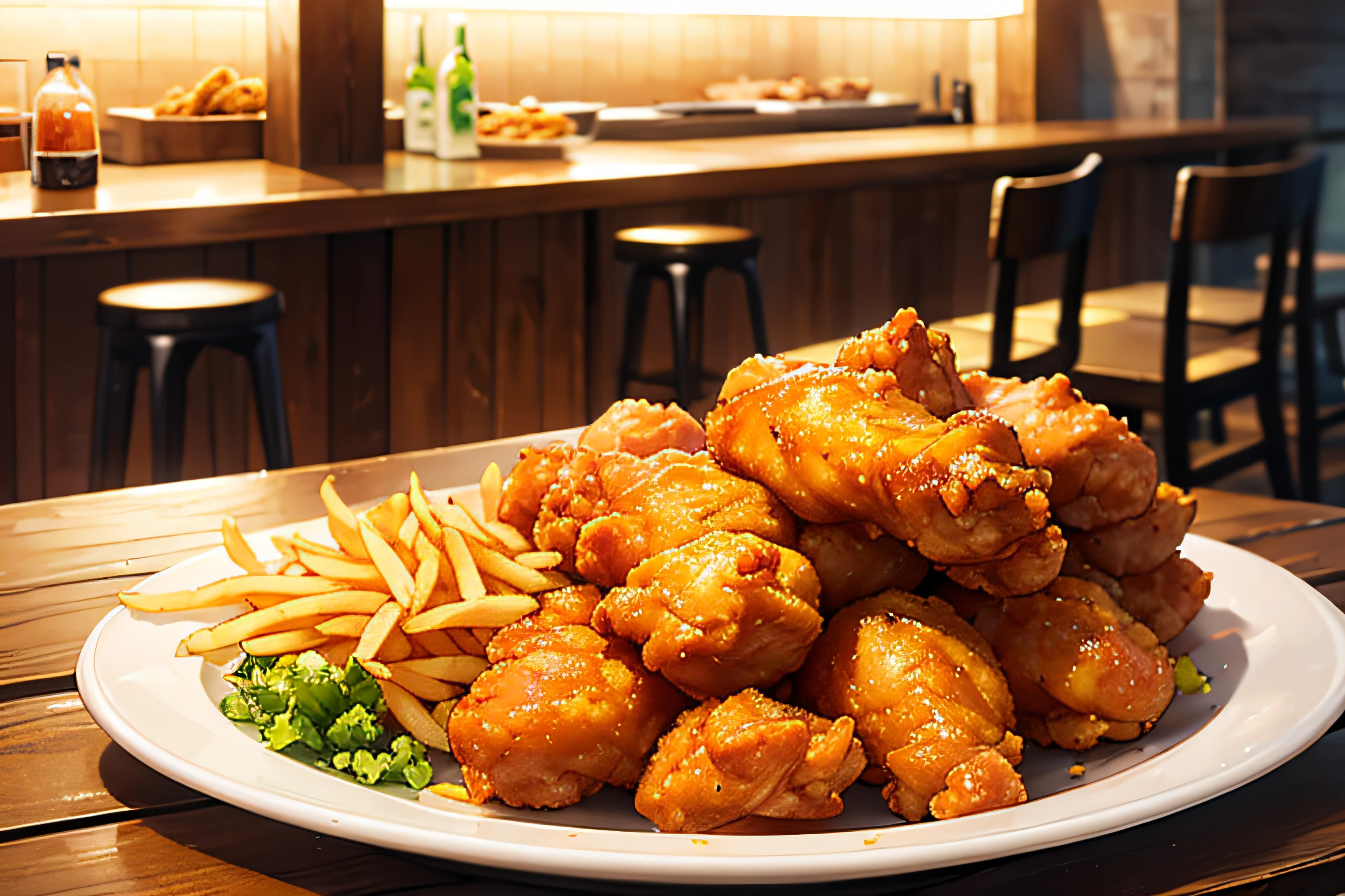 ((Masterpiece)), ((Best quality)), A sumptuous gourmet fried chicken and fries, served on a rustic wooden table.