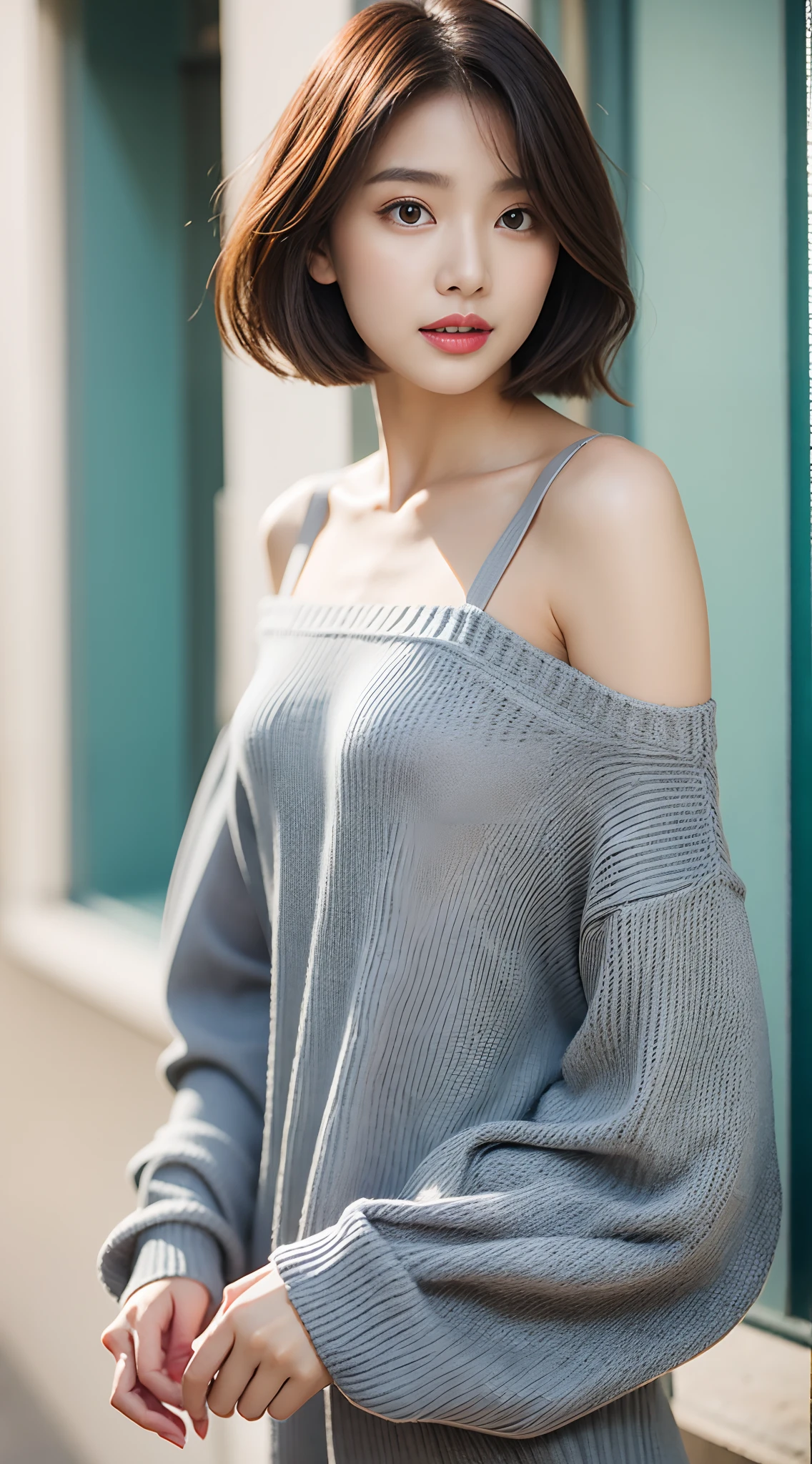 Close up of woman in grey shirt posing for photo, gray shirt, shoulder - length, off shoulder shirt, korean female fashion model, grey sweater, attractive girl, Gorgeous young Korean woman, photo 85mm, With short hair, gorgeous woman, Small shoulders, wearing a cute top, Open V chest clothes, by Leng Mei