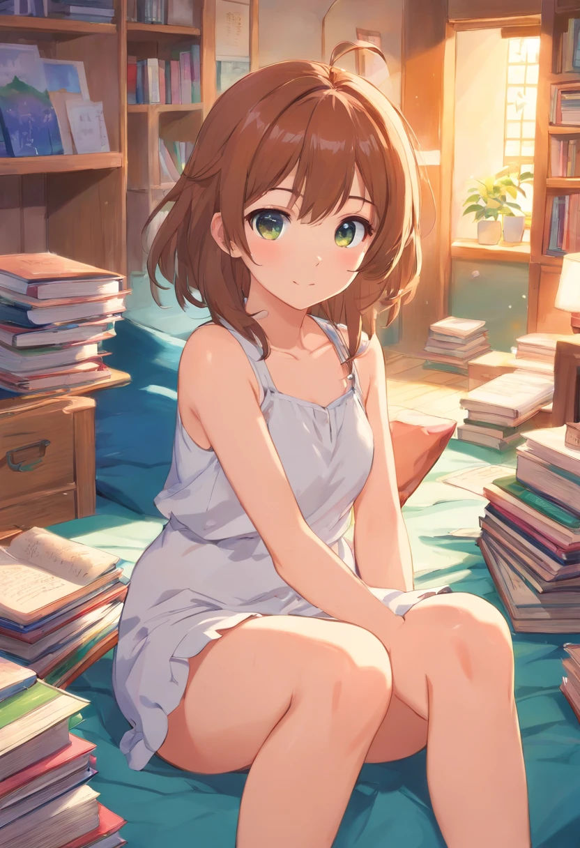 a cute loli，Barefoot，Tummy down，Look up at your head，raise her legs，shift dresses，white  panties，largeeyes，Cute faces in anime，looking at book，Wet、Breasts are big