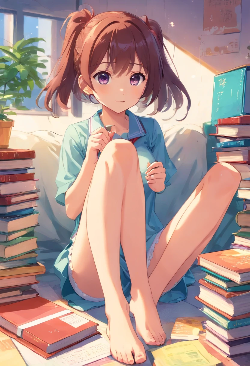 a cute loli，Barefoot，Tummy down，Look up at your head，raise her legs，shift dresses，white  panties，largeeyes，Cute faces in anime，looking at book，Wet、Breasts are big