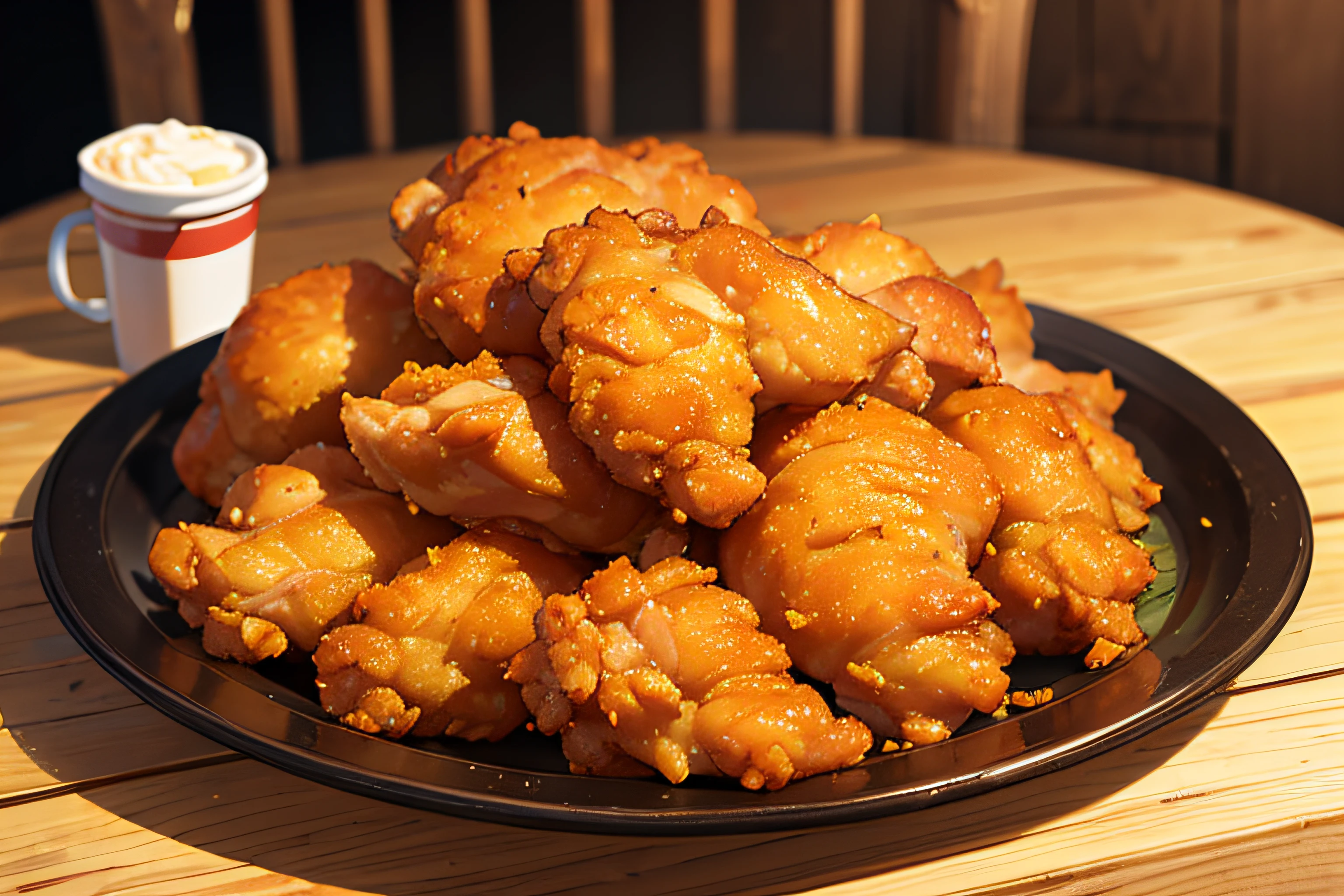 ((Masterpiece)), ((Best quality)), A sumptuous gourmet fried chicken and fries, served on a rustic wooden table.