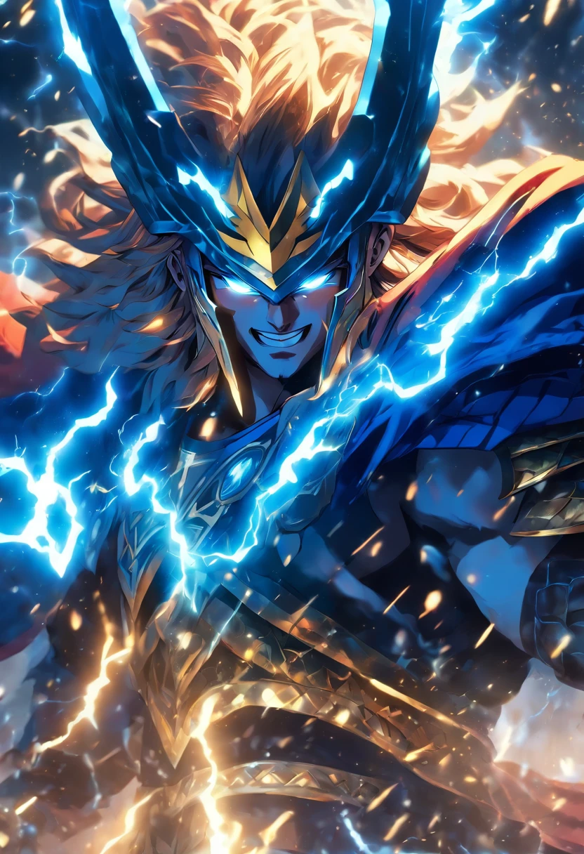 (((Cian))) best quality, ultra-high resolution, CG detalhado 4K, master part,Deus celta,thunders, ,Roupas celtas,roupas azuis, Mitologia celta, ((god of thunder)) , Imagem celta, aesthetic, Centrado na tela