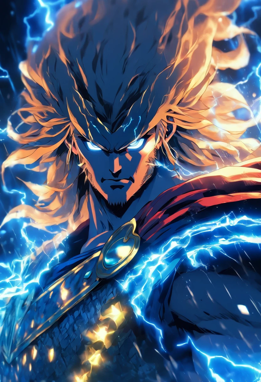 (((Cian))) best quality, ultra-high resolution, CG detalhado 4K, master part,Deus celta,thunders, ,Roupas celtas,roupas azuis, Mitologia celta, ((god of thunder)) , Imagem celta, aesthetic, Centrado na tela