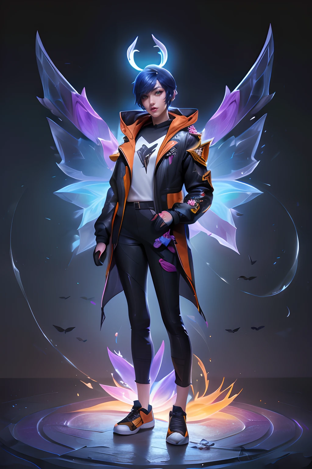 (League of Legends:1.5), masterpiece, best quality,
//
(rough outline:1.2), (fusion of limited color,Maximalism artstyle,Geometric artstyle,Butterflies),((Harajuku Fashion)), ((Flowers,in flower blossoms)), double exposure of flower and liquid, fussion of Fluid abstract art,glitch, (2D), splash water,ice crystal behind,flower,
//
halo, (1boy:1.25), male,gloves, shoes, bag, jacket, looking at viewer, short hair, angel, long sleeves, black gloves, bangs, pants, shoulder bag,(huge orange feathered wing,orange angel wings), ripples, sneakers, black pants,fingerless gloves,pillarboxed, coat, open clothes, standing in storm, (orange transport neon light+birds shape floral print behind:1.2),birds,
//