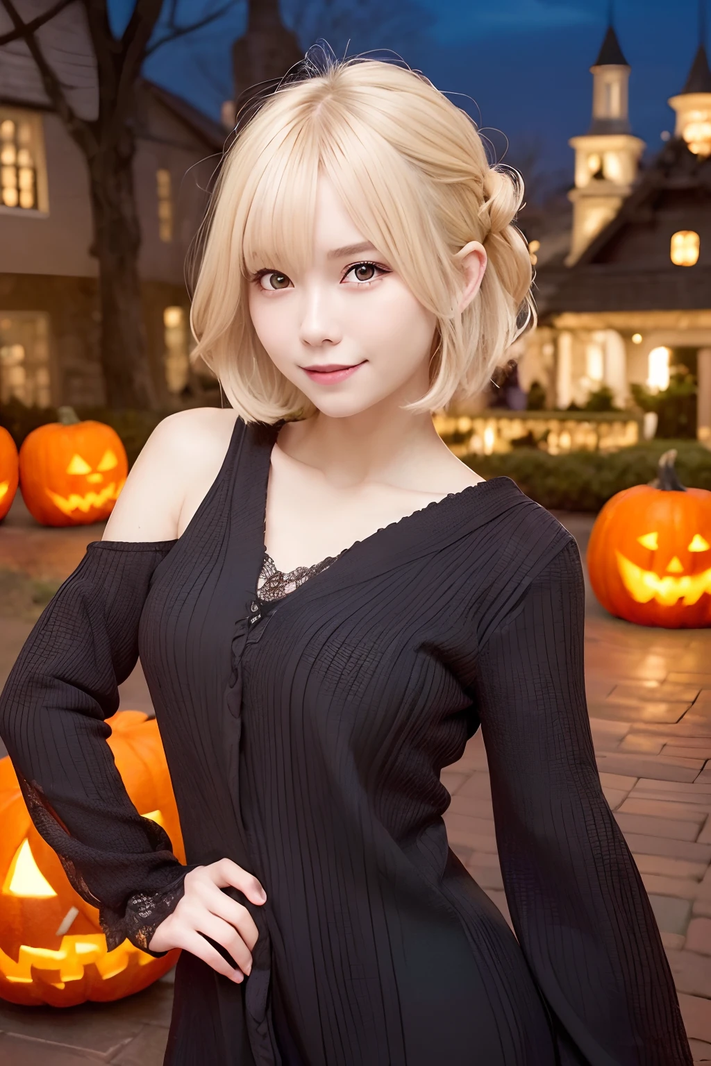 masterpiece, top-quality、Raw foto, Photorealsitic、I am a 15 year old girl、a blond、a short bob、Enjoy vampire cosplay、Halloween、during daytime、outside of house、Jack-o'-lantern、chandelle、the bats、dead wood、spider webs、unbelievable Ridiculous、depth of fields, hight resolution, ultra-detailliert, foco nítido, Cinematic lighting