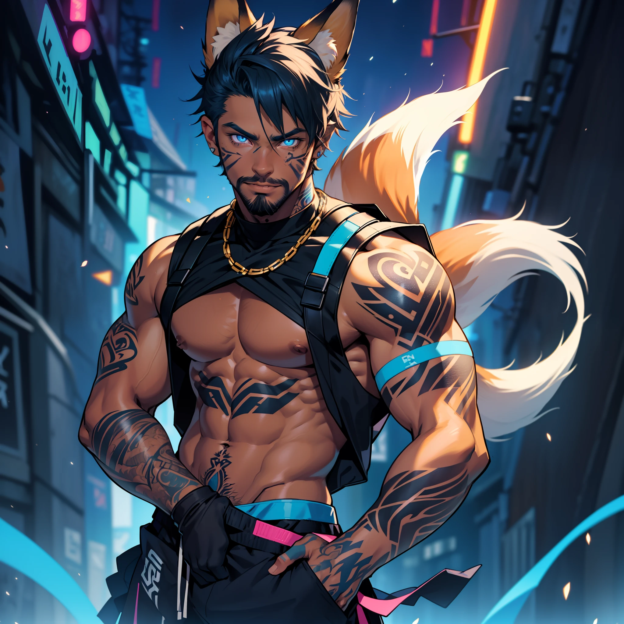 masculine young guy, short beard and ((dark tanned skin)), night rave scene, short cropped hair, ((has fox ears)), ((has fox tail)), wearing a streetwear outfit, ((he is solo)), ((he is alone)), has detailed glowing blue eyes, covered in ((tattoos)), muscular thighs