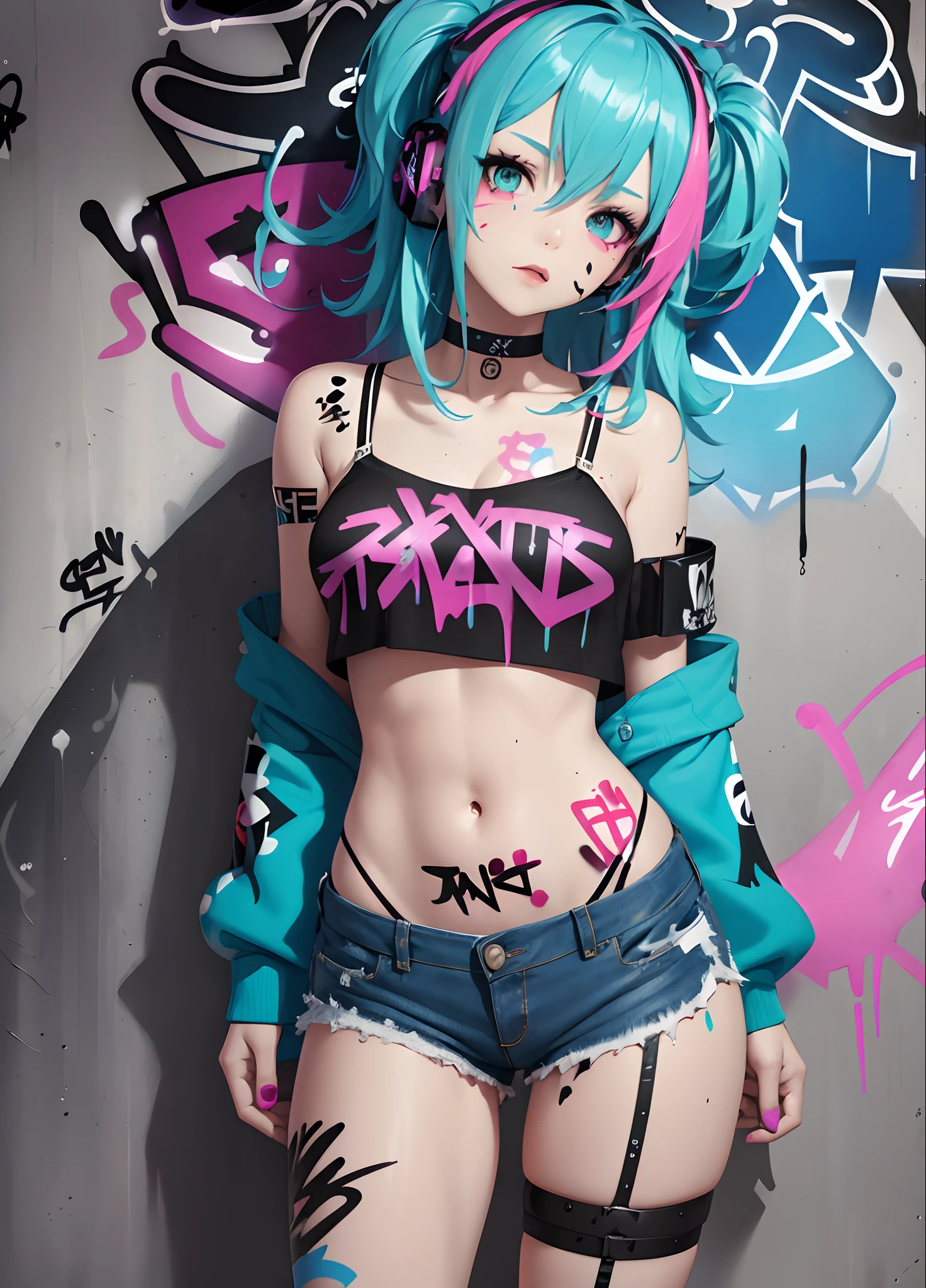 masterpiece, best quality, 1girl, solo, crop top, denim shorts, choker, (graffiti:1.5), paint splatter, arms behind back, against wall, looking at viewer, armband, thigh strap, paint on body, head tilt, bored, multicolored hair, aqua eyes, headset,