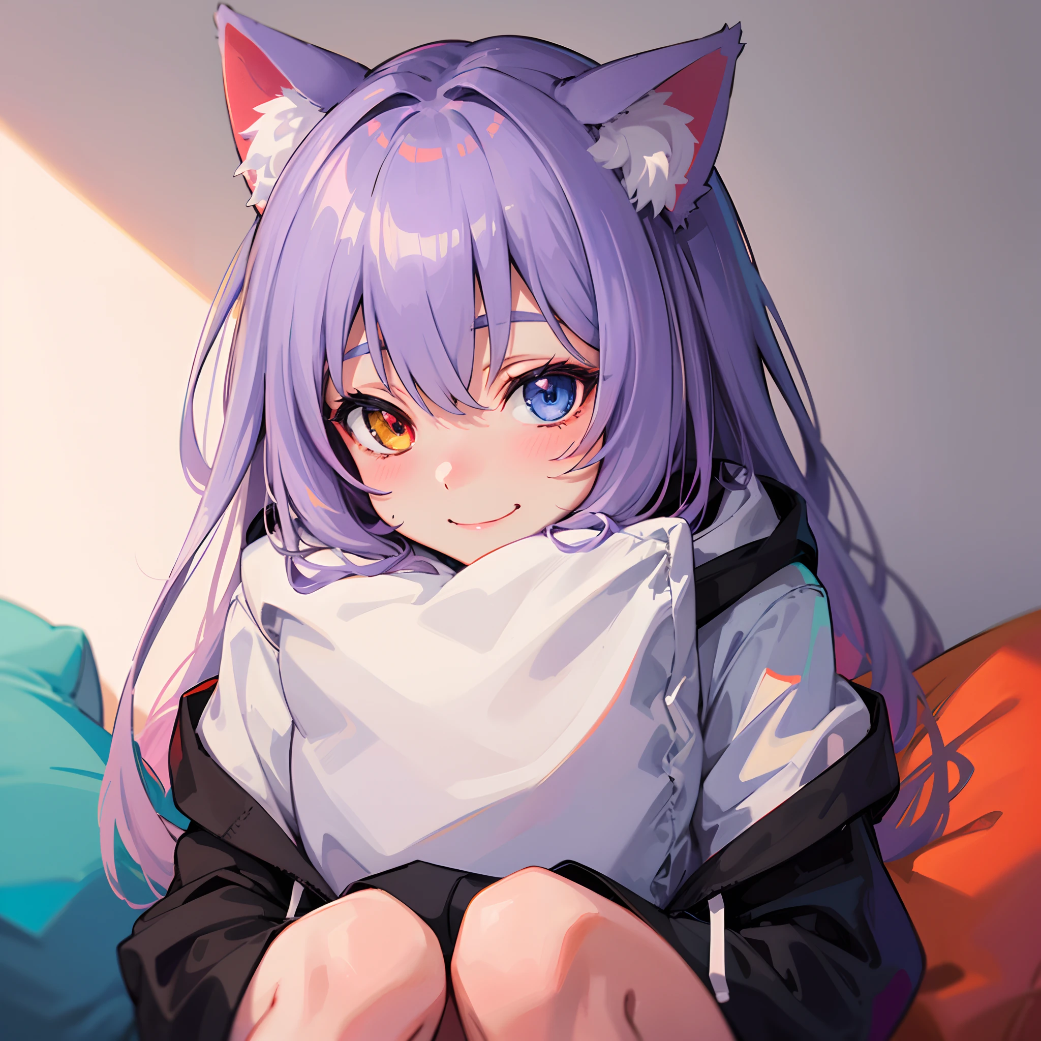 close-up portrait of ((solo catgirl)) hugging a pillow, light violet hair, nekomimi, simple plain background, big smile, hoodie, masterpiece, heterochromia, polychromia