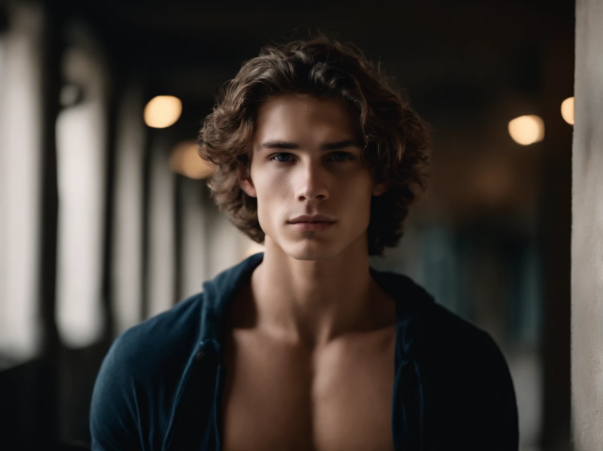 Portrait of a handsome male model, 16 ans, Barechest, sans barbe, avec sombre, messy wavy hair, Yeux bleu clair super clair, thick lips, defined muscles, accepter, ripped body, Prise de vue du corps entier, ultra highest detailed face, Darmatic Lighting, Dim Light, jambes ouvertes