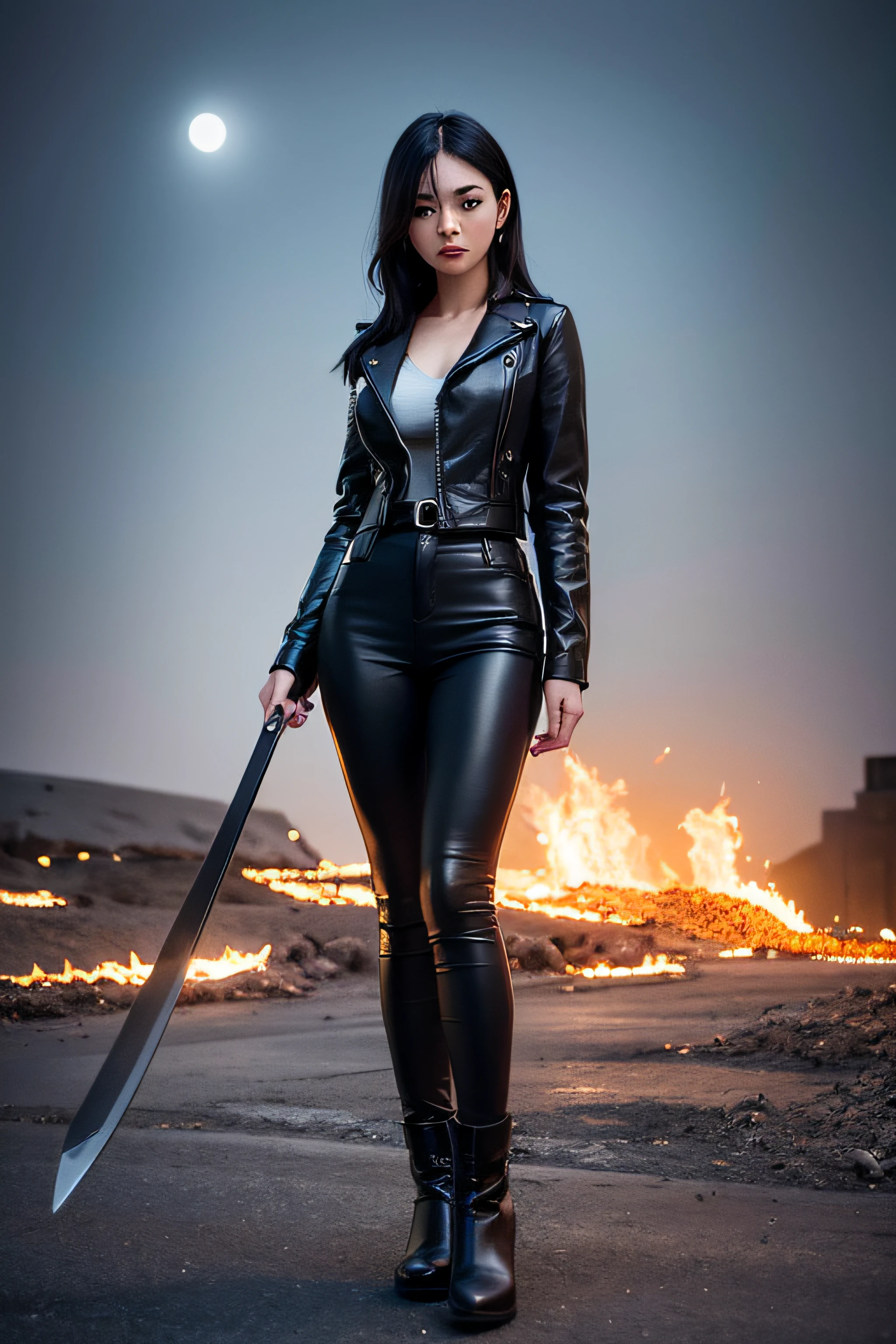 1girl, long curly black hair, brown eyes, wearing black leather jacket, black leather long pants, black boots, city, high res, ultrasharp, 8K, masterpiece, looking at viewer, full body photo, magnificent scene, epic scenes, moon, fire, warrior, large sword