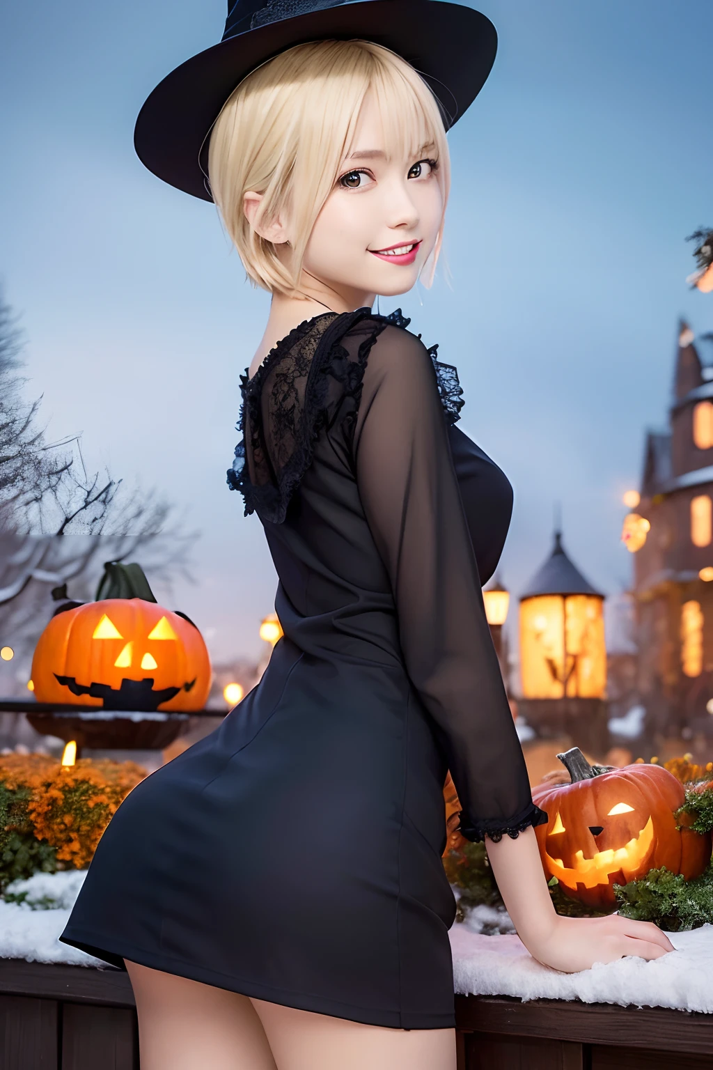 (Oil Painting, masutepiece, Best Quality, ultra-detailliert, Focus on character), short blonde hair, ([Back:0.8]|[ facing back:1.1]), A smile,open open mouth,Witch Cosplay、Halloween,pumpkins, ([Cold Scenario:1.2]|[ snowy background:1.3]| [High contrast:1.1])