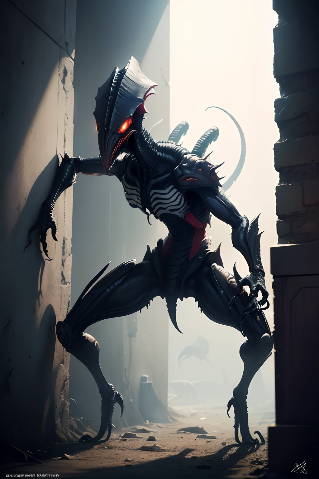 Xenomorph from ALIEN mixed with a Tyranid from Warhammer 40k to create the ultimate predatory evolutionary alien. no eyes, animalistic two-legged stance. Evolution according to infestation of small and tight areas like high metropolises (thin slender limbs, extra arms to grasp onto walls with, no eyes, etc.)