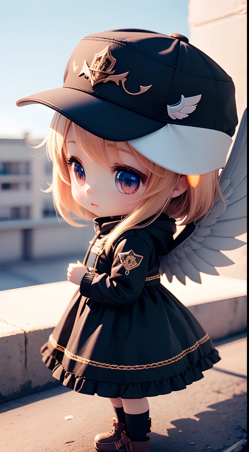 1 very cute girl，There are wings on the back，With a hat on，The sky flies，chibi girl，3d anime girl，3d effect，（Full body like），Super detail
Wait for it to start