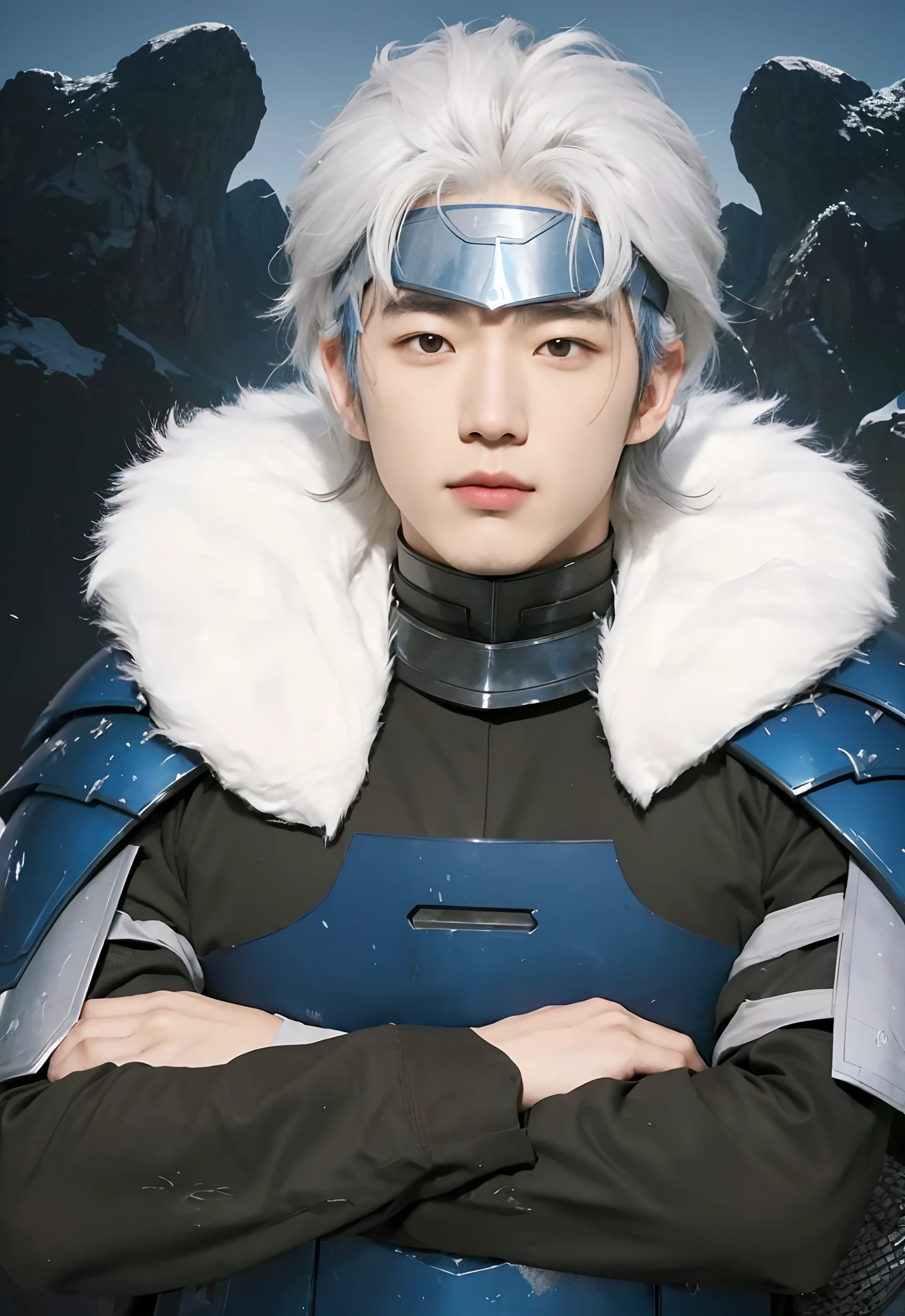 Real life adaption of this character, korean handsome face, Realistic same Messy hair,there is a iron plate on his head, ((realistic same outfit wear blue iron armor in the arms and chest and there is a White fluffy collar)) , realistic background mountain, realistic light, realistic shadow, realism, hyper realistic,(photorealistic:1.2)