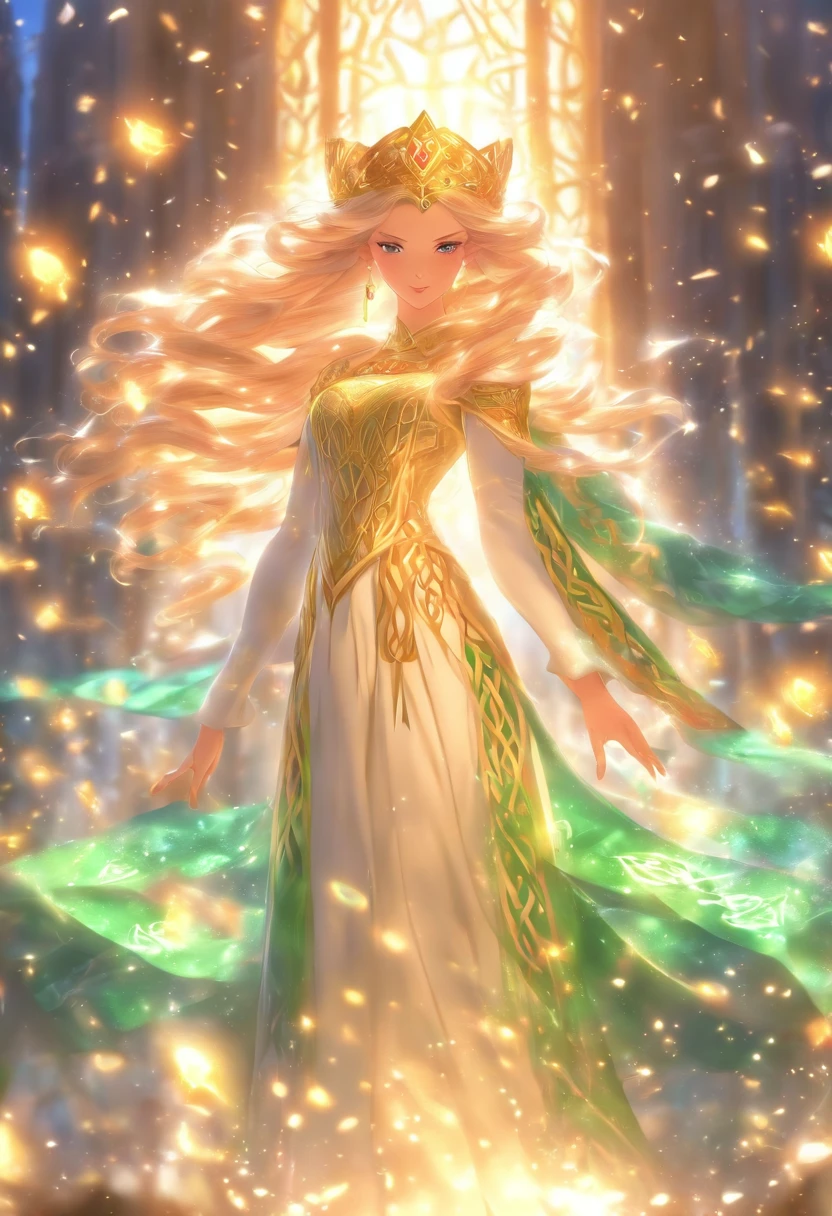 (((Ethniu))) best quality, ultra-high resolution, 4K detailed CG, masterpiece,Celtic Princess Woman,Celtic clothing,white clothing,Celtic mythology, ((Princess)) , Celtic image, aesthetic, centered on screen